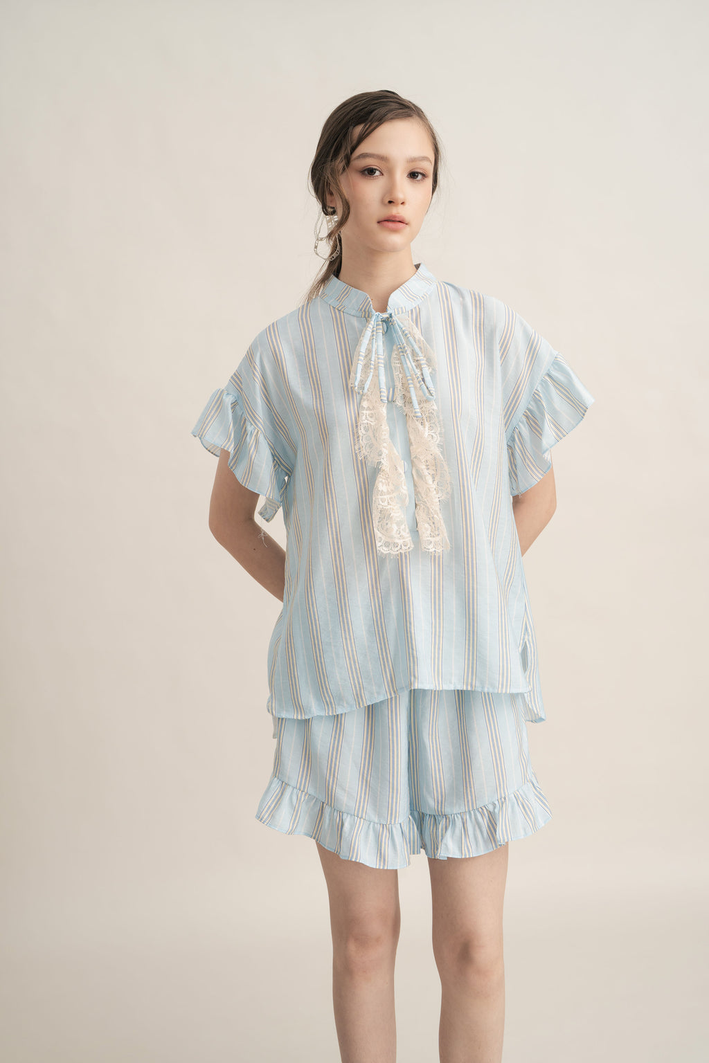 PO Quiet Ruffle Stripe Top in Blue (Shipment Date 15 September-05 October 2026)