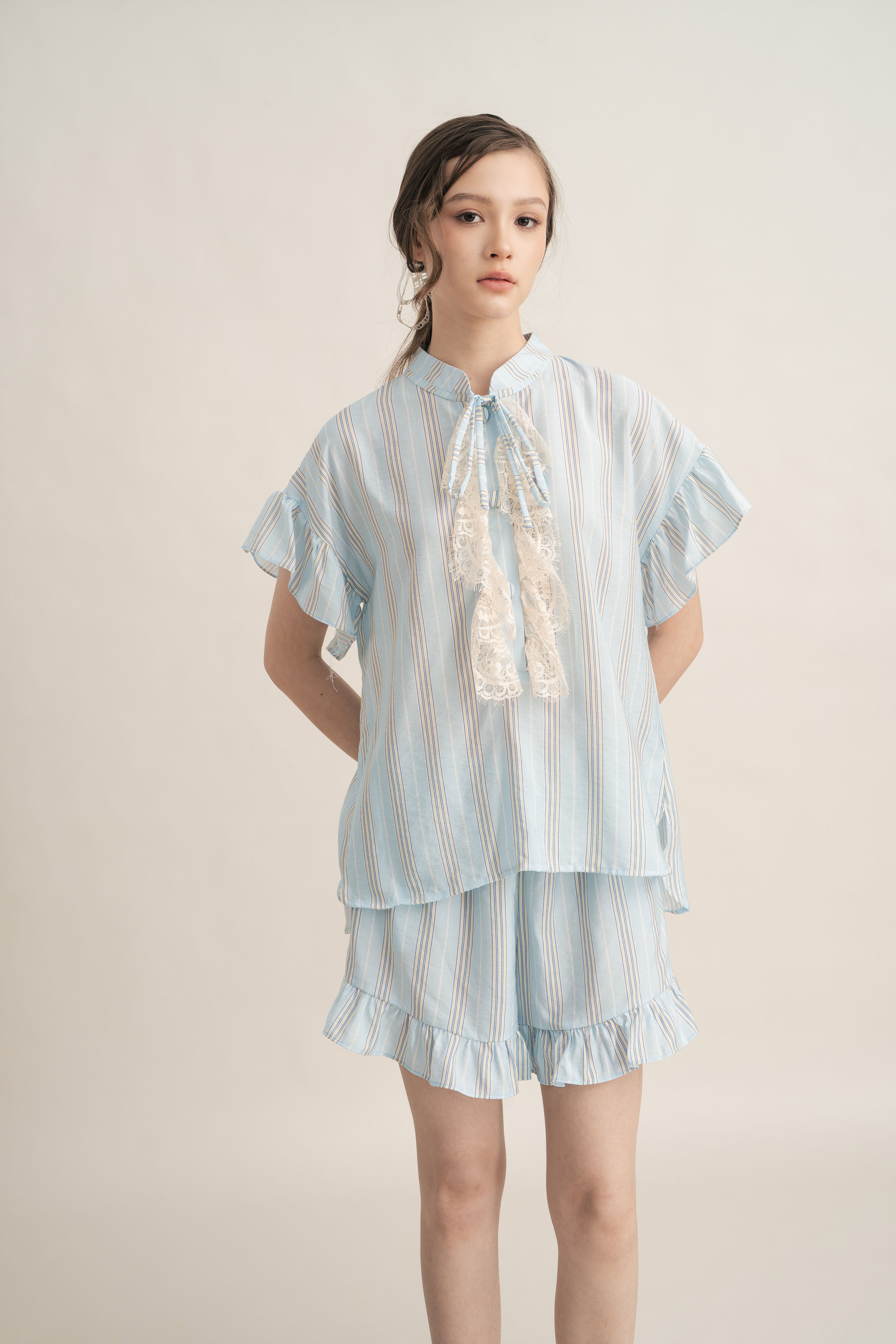 PO Quiet Ruffle Stripe Top in Blue (Shipment Date 15 September-05 October 2026)
