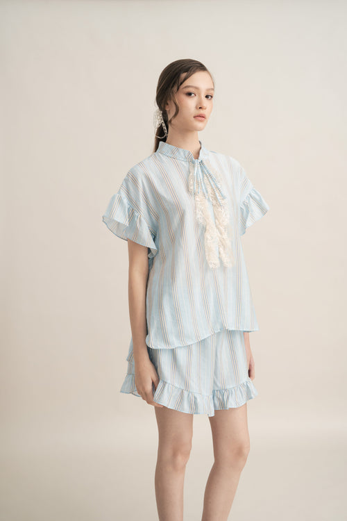PO Quiet Ruffle Stripe Top in Blue (Shipment Date 15 September-05 October 2026)