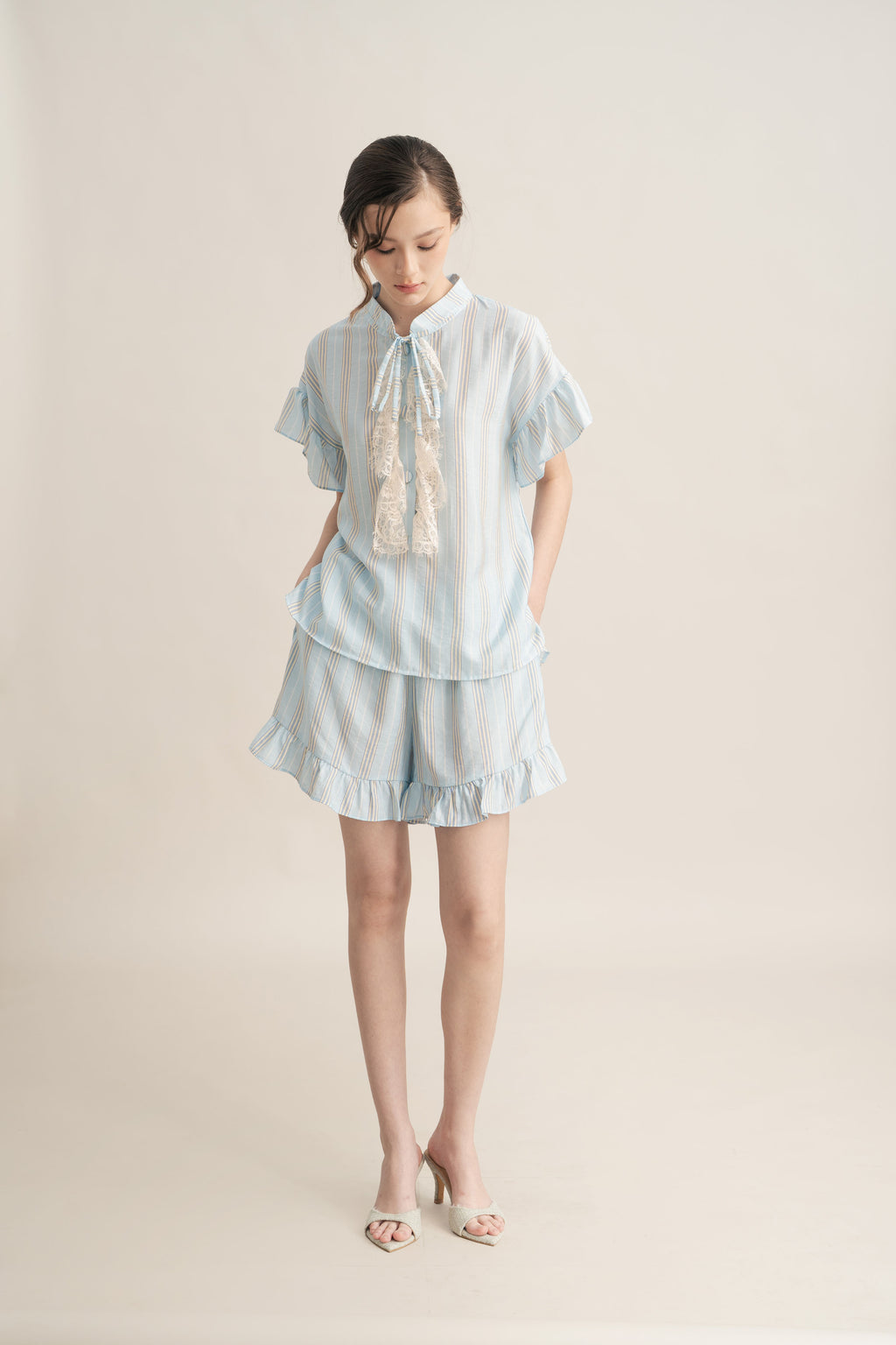 PO Quiet Ruffle Stripe Top in Blue (Shipment Date 15 September-05 October 2026)