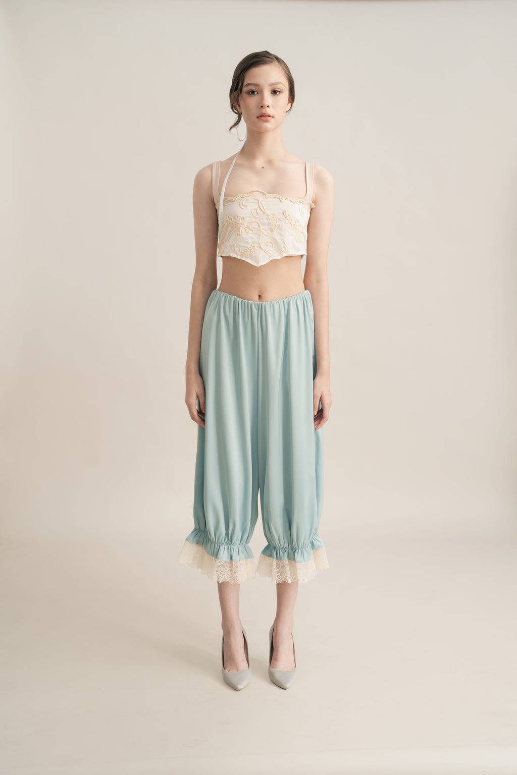 Quiet Peplum Lace Pants in Blue