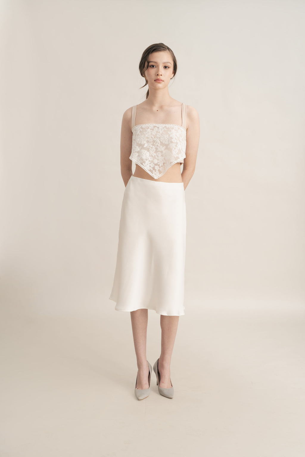 Quiet Satin Midi Skirt in Buttermilk