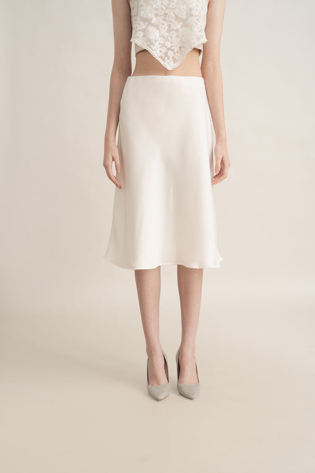 Quiet Satin Midi Skirt in Buttermilk