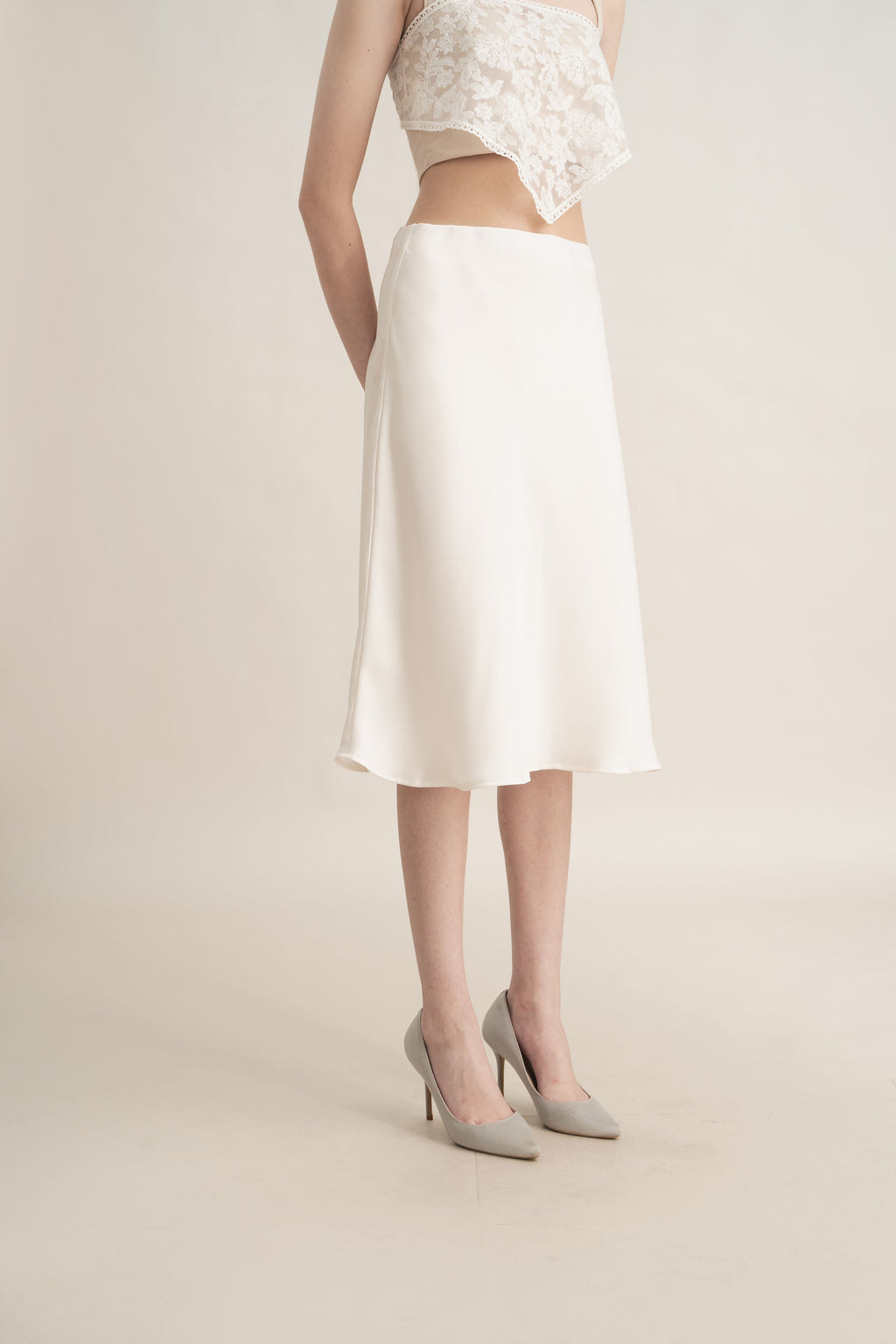 Quiet Satin Midi Skirt in Buttermilk