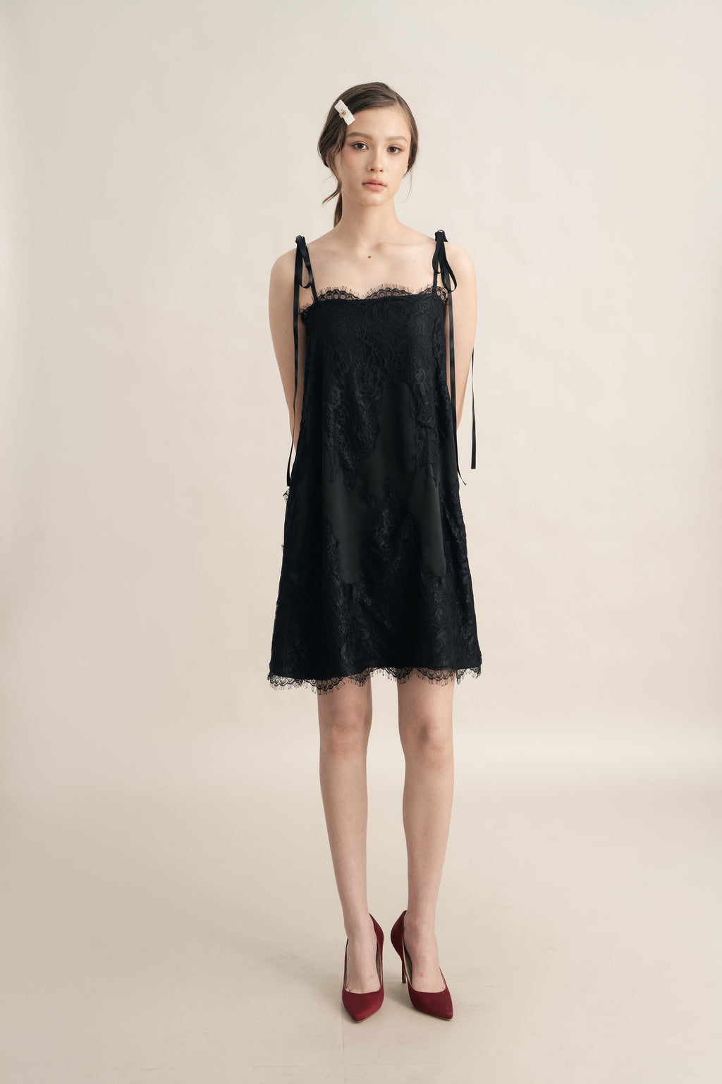 Quiet Lacey Mini Dress in Licorice (Ribbon Accessories Not Included)