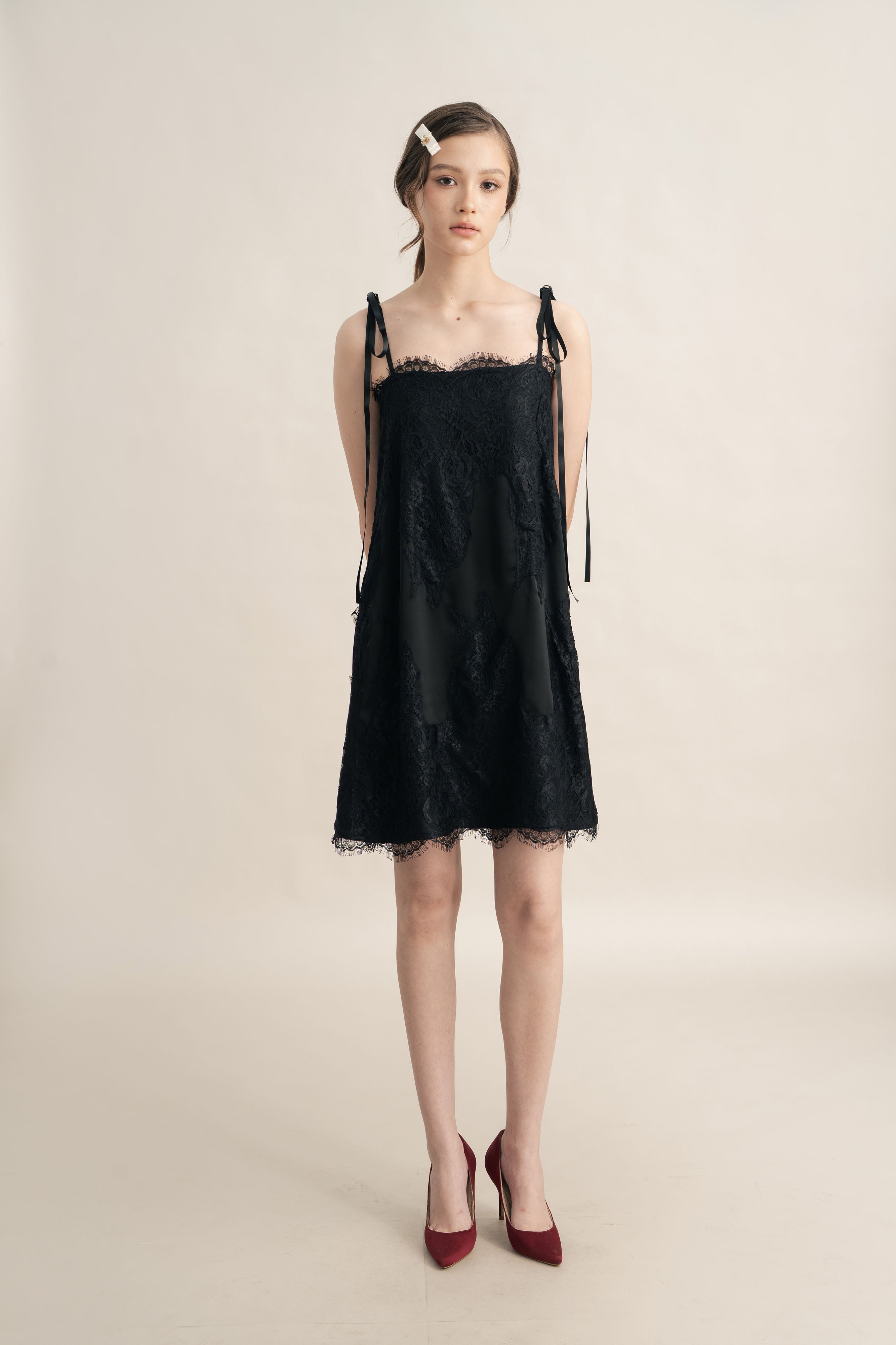 Quiet Lacey Mini Dress in Licorice (Ribbon Accessories Not Included)
