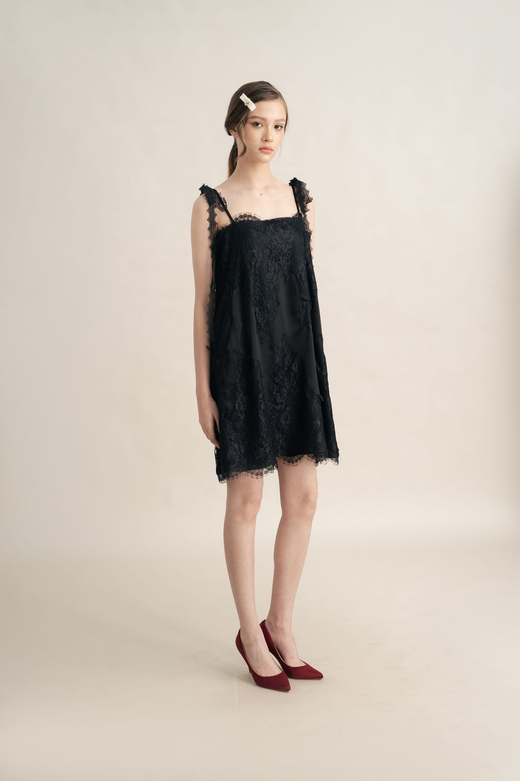 Quiet Lacey Mini Dress in Licorice (Ribbon Accessories Not Included)