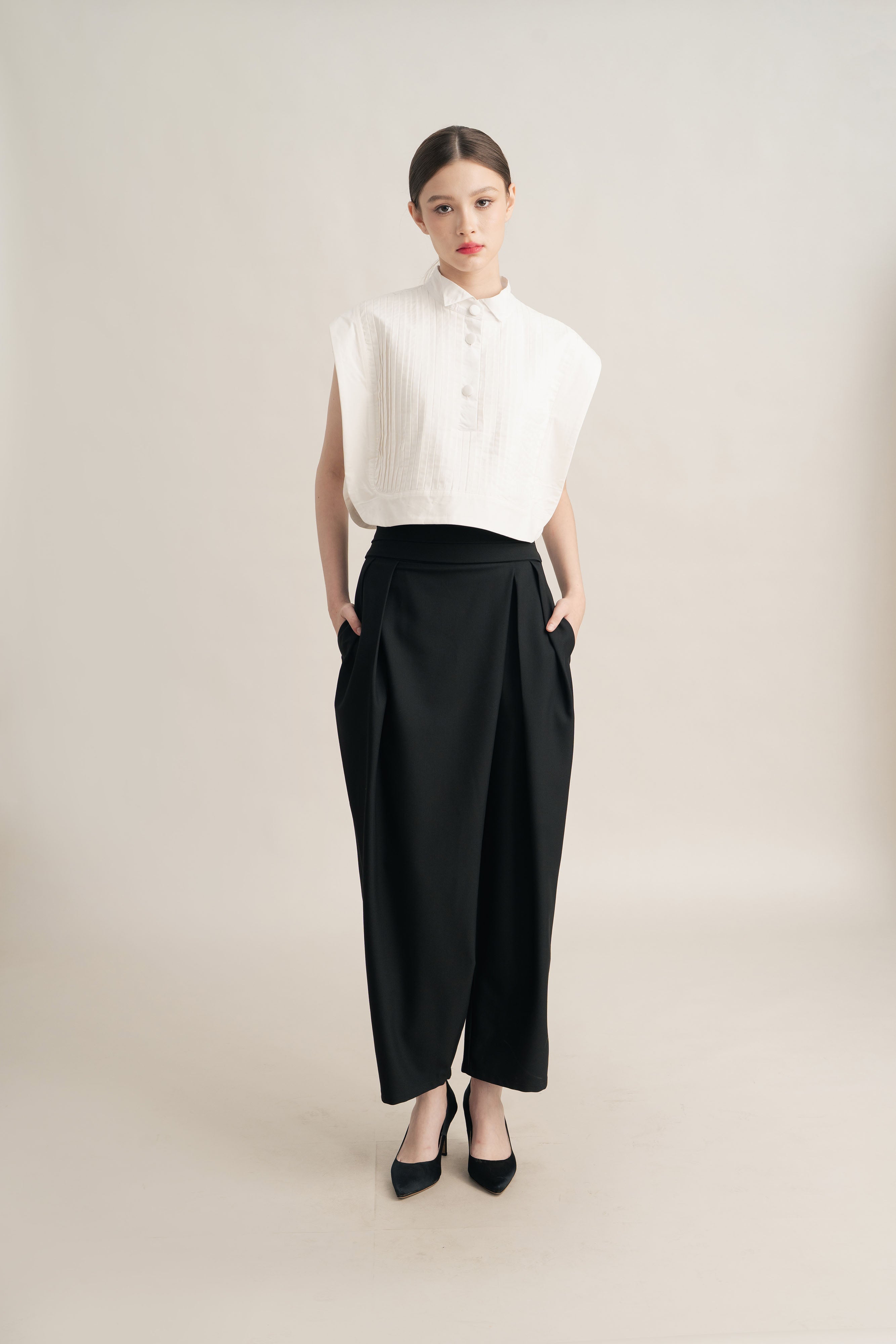 PO Quiet Pleats Vest in Buttermilk (Tie-Neck Ribbon Included) (Shipment Date 15 September-05 October 2026)