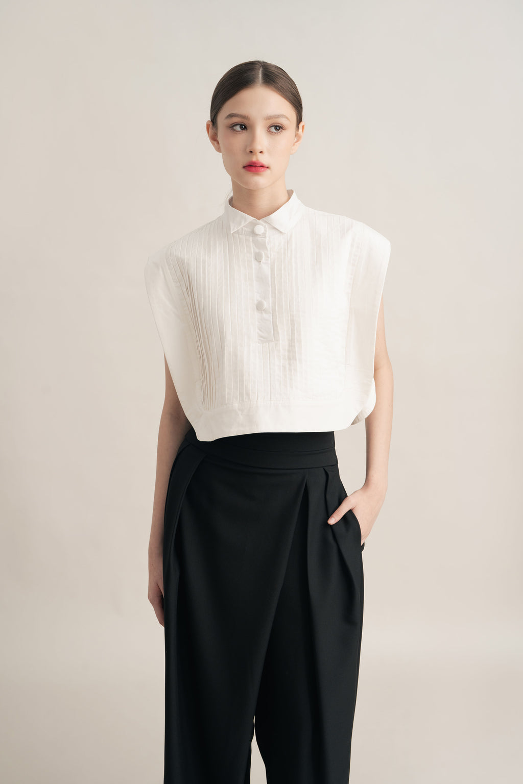 PO Quiet Pleats Vest in Buttermilk (Tie-Neck Ribbon Included) (Shipment Date 15 September-05 October 2026)
