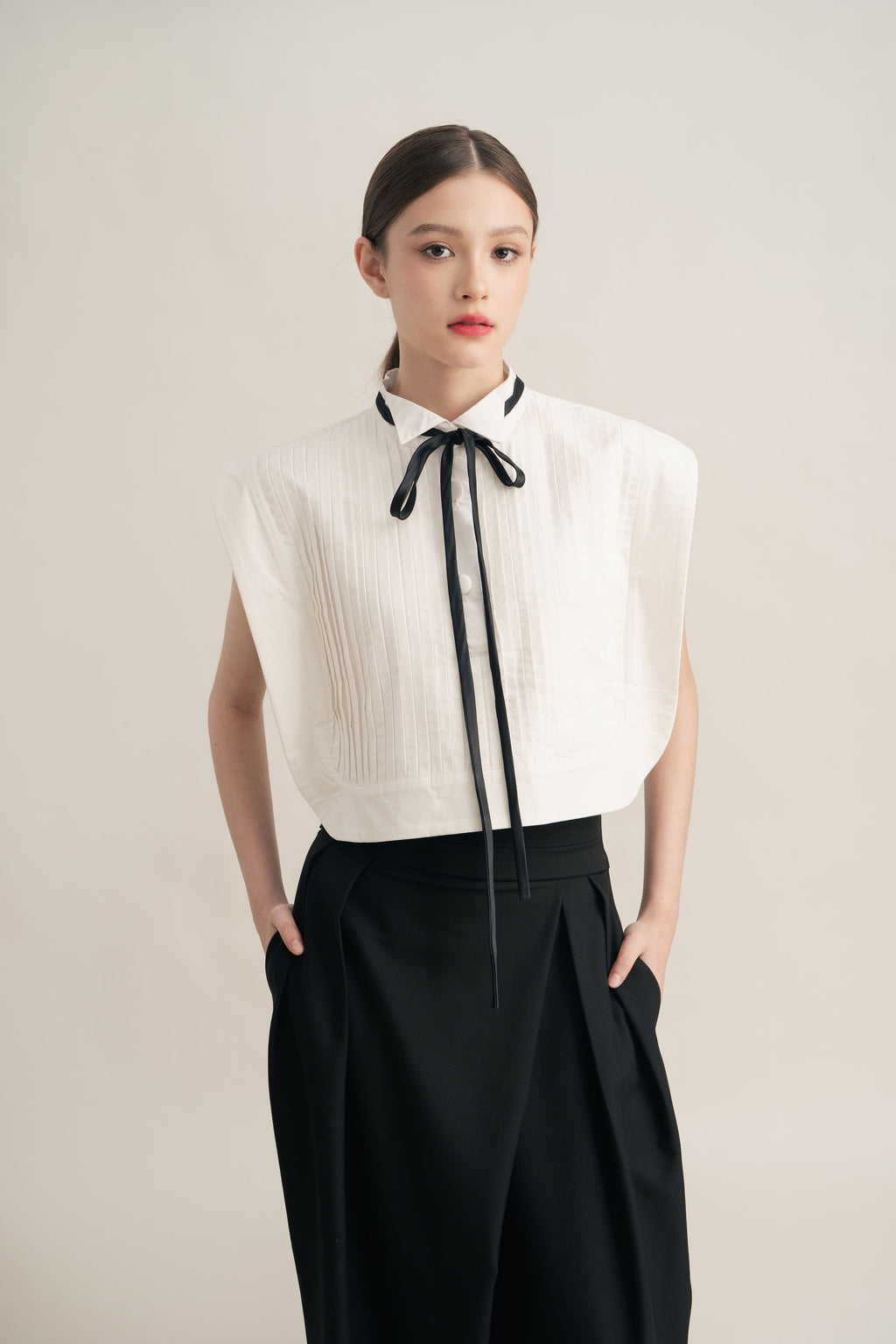 PO Quiet Pleats Vest in Buttermilk (Tie-Neck Ribbon Included) (Shipment Date 15 September-05 October 2026)