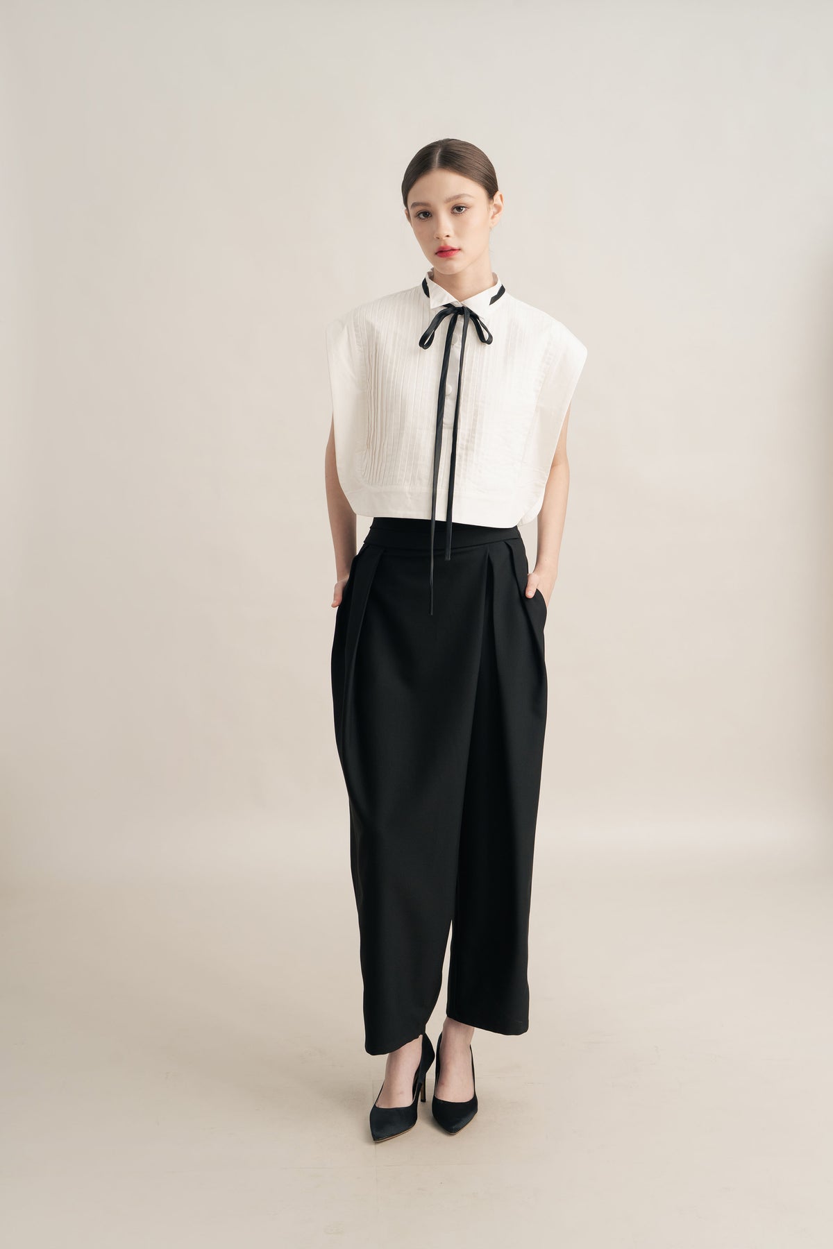 PO Quiet Pleats Vest in Buttermilk (Tie-Neck Ribbon Included) (Shipment Date 15 September-05 October 2026)