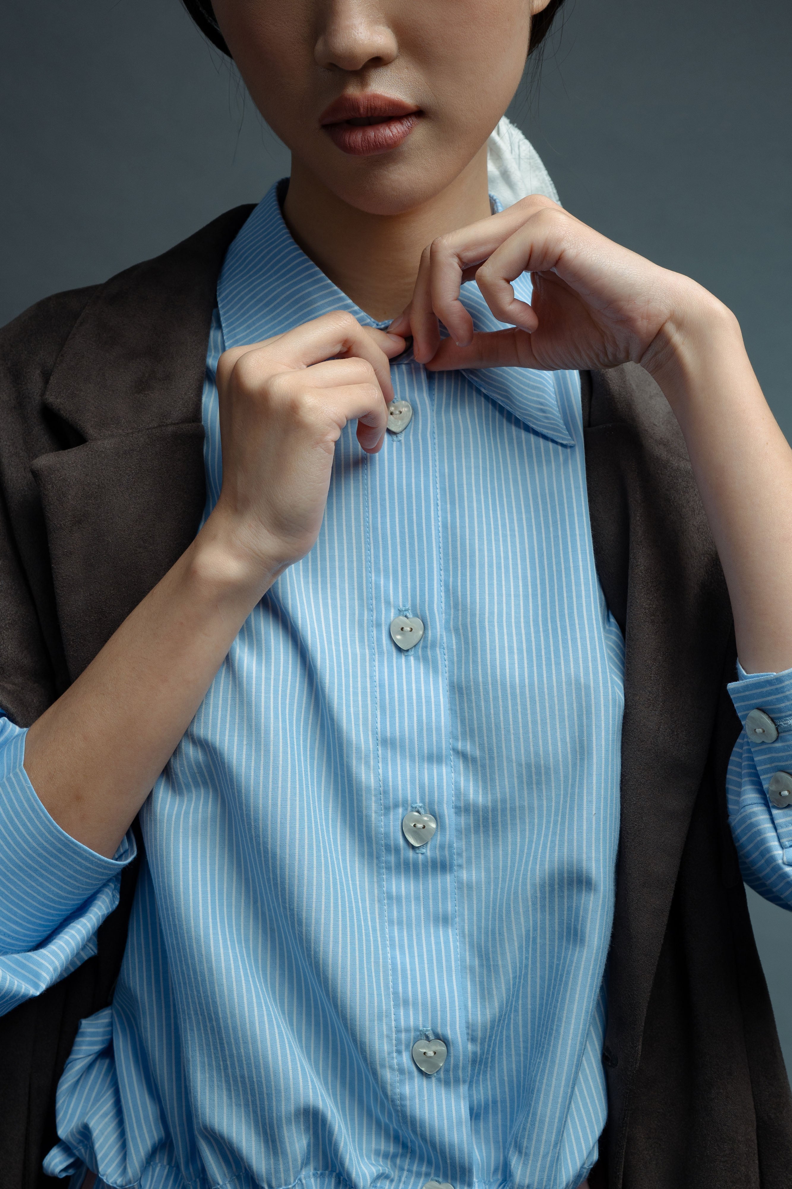 DA Stripe Heart Button Shirt in Baby Blue
