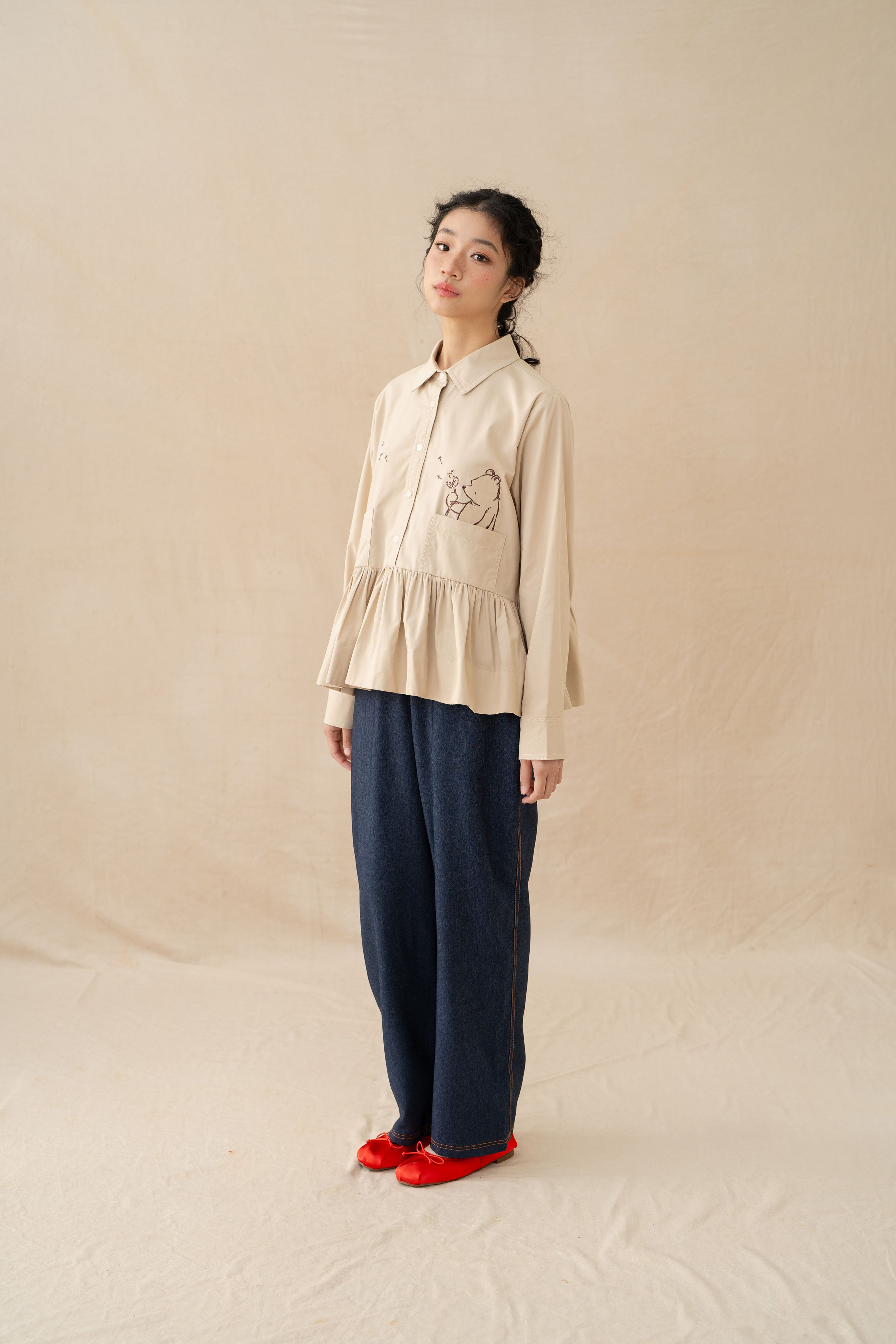 WTP Embroidery Long Sleeve Top in Beige