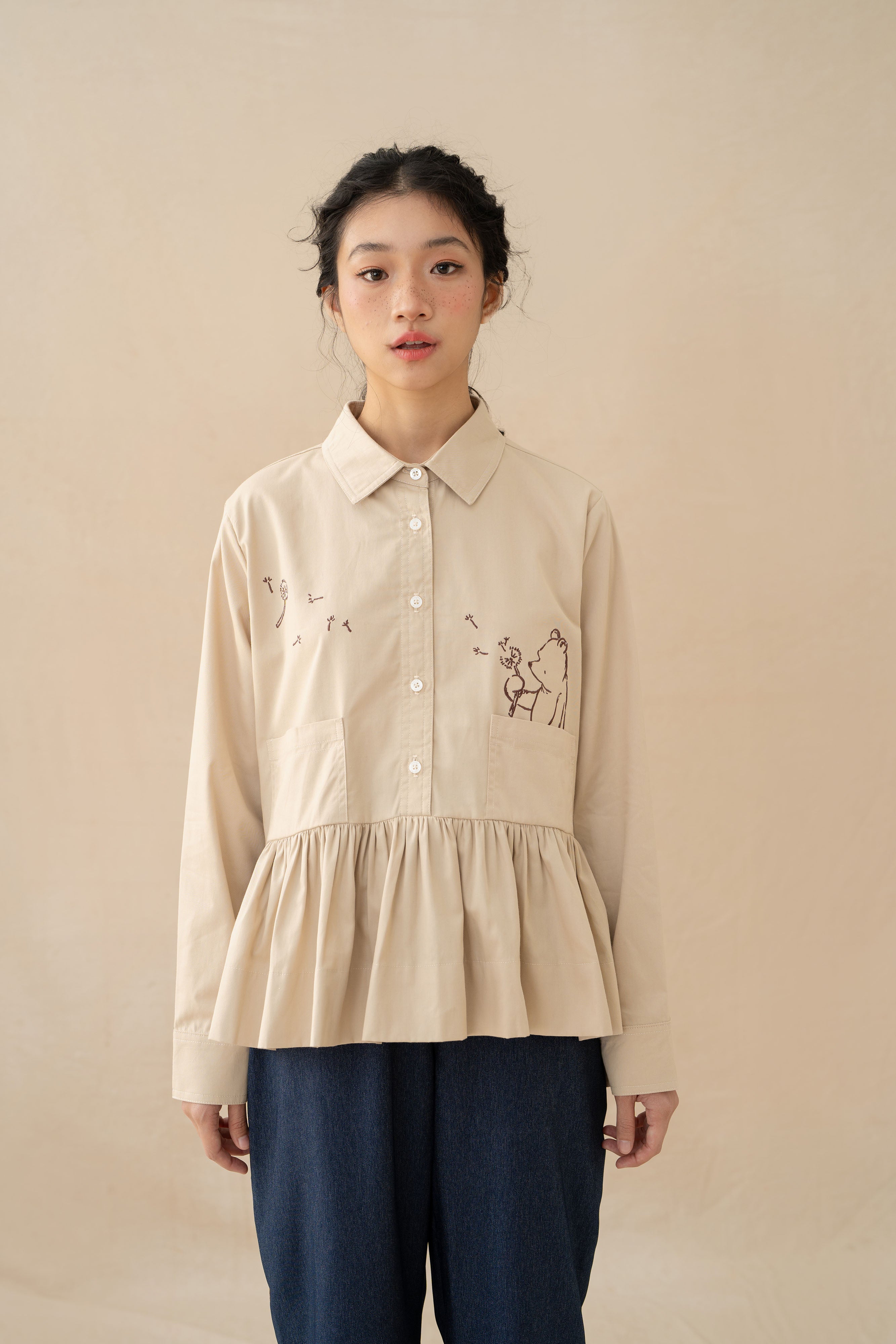WTP Embroidery Long Sleeve Top in Beige