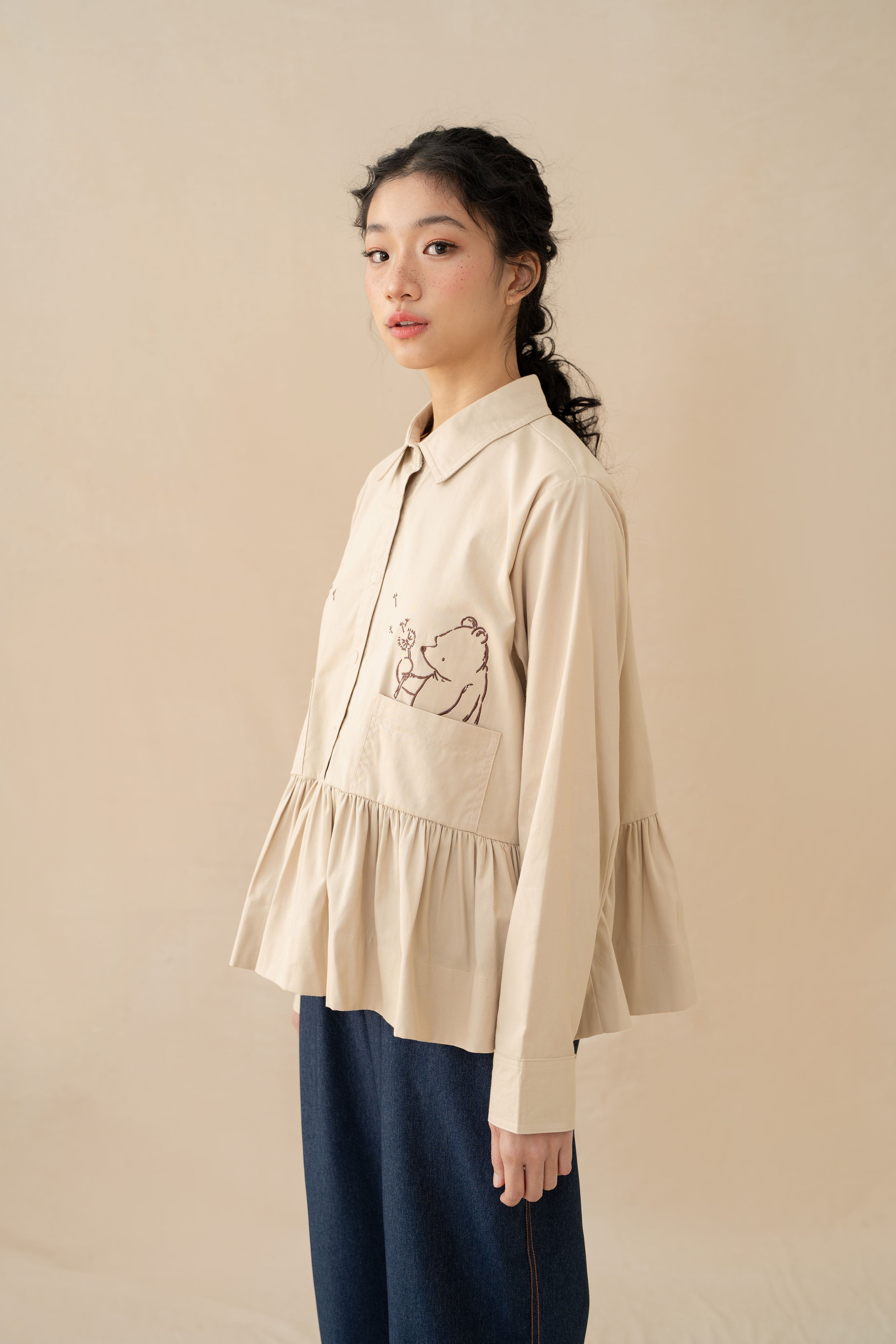 WTP Embroidery Long Sleeve Top in Beige