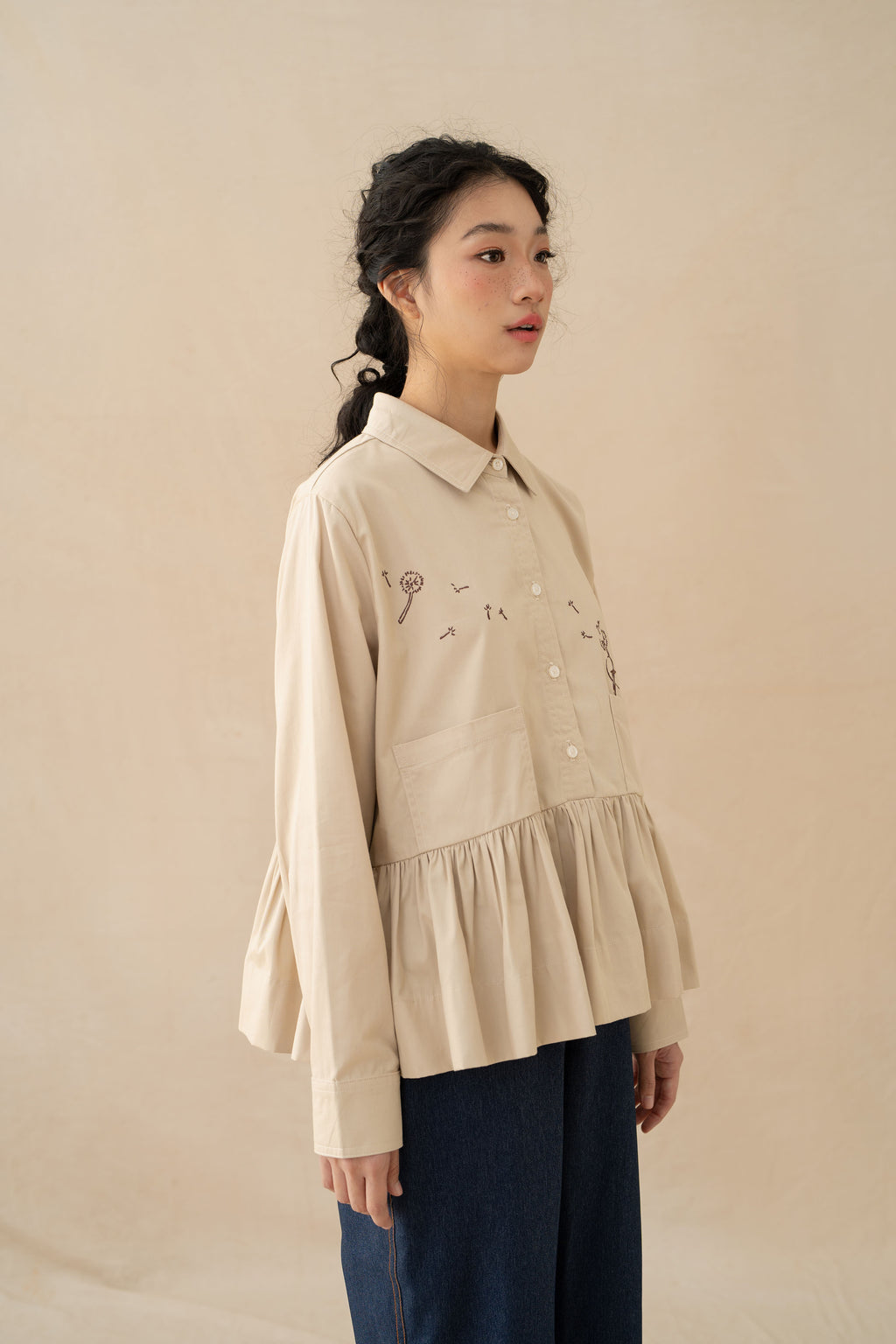WTP Embroidery Long Sleeve Top in Beige