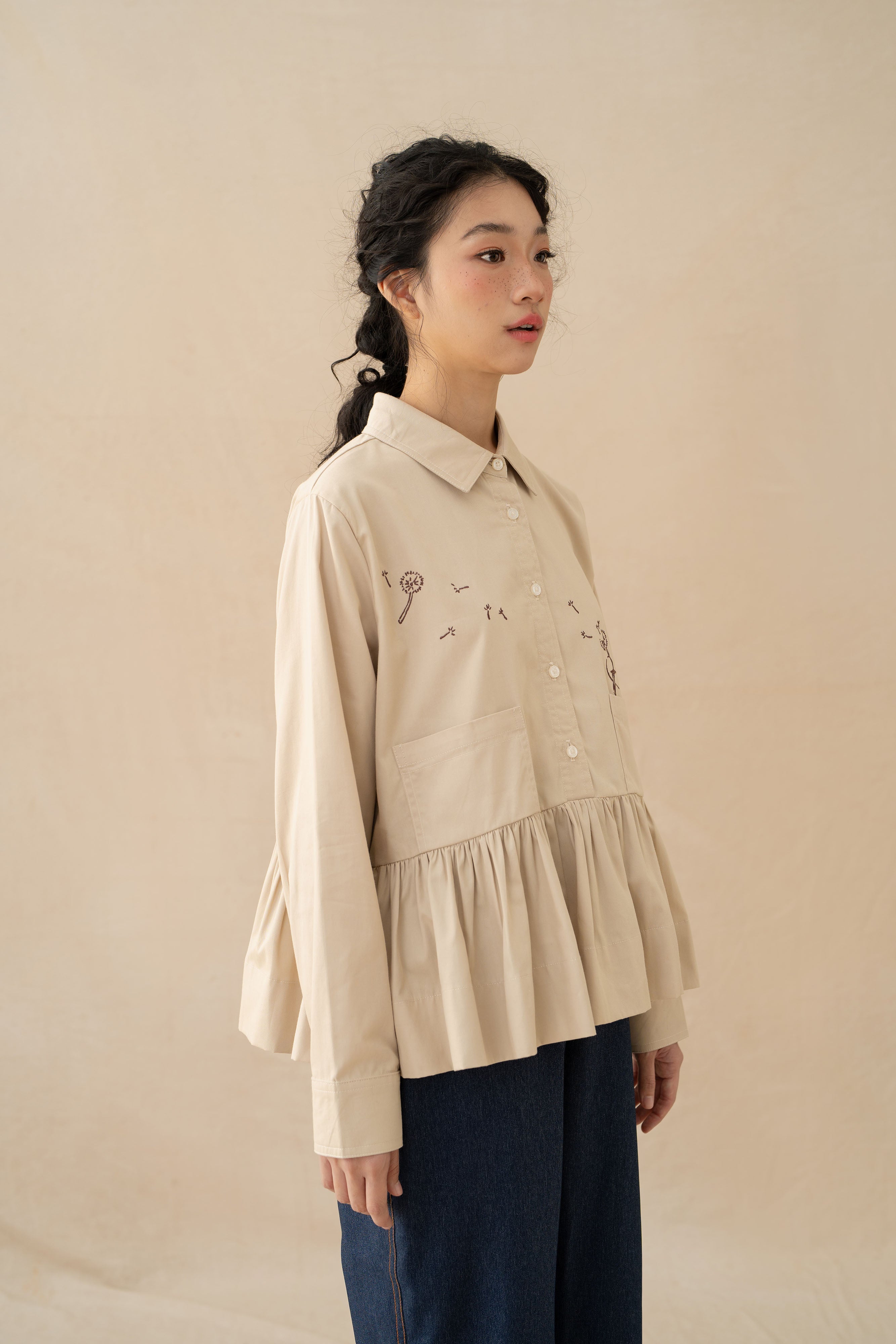 WTP Embroidery Long Sleeve Top in Beige