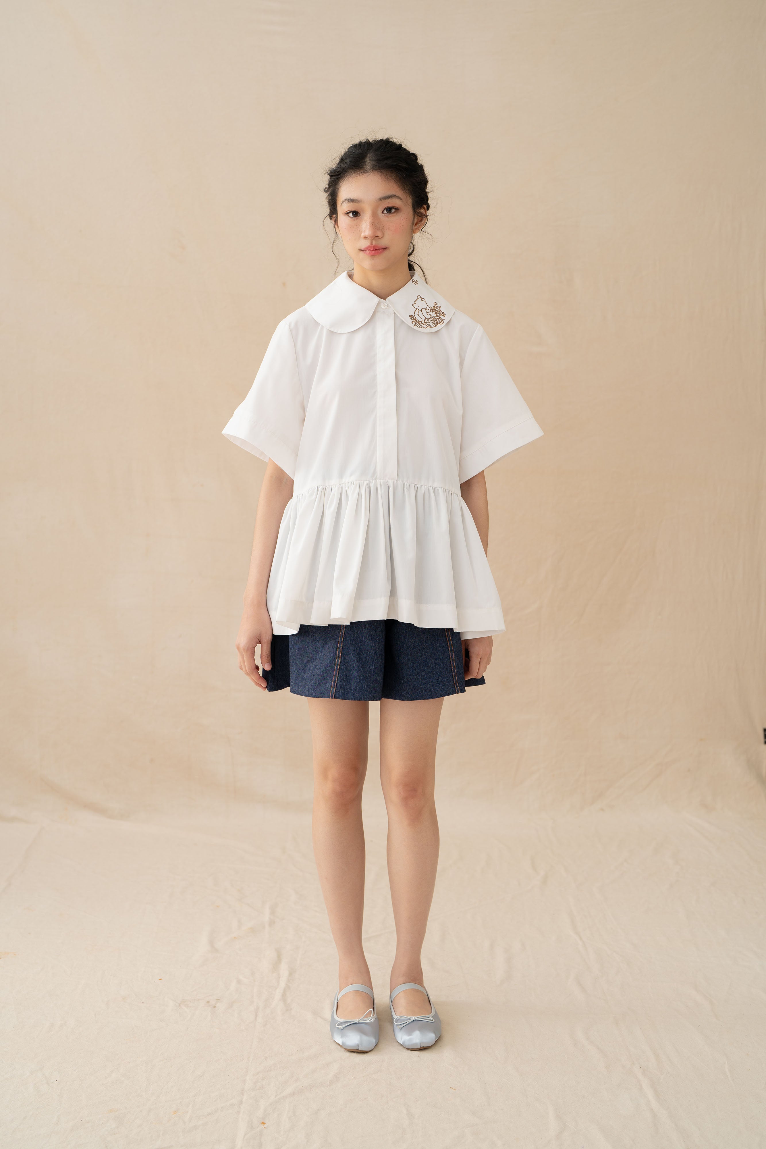 WTP Embroidery Collar Top in Buttermilk