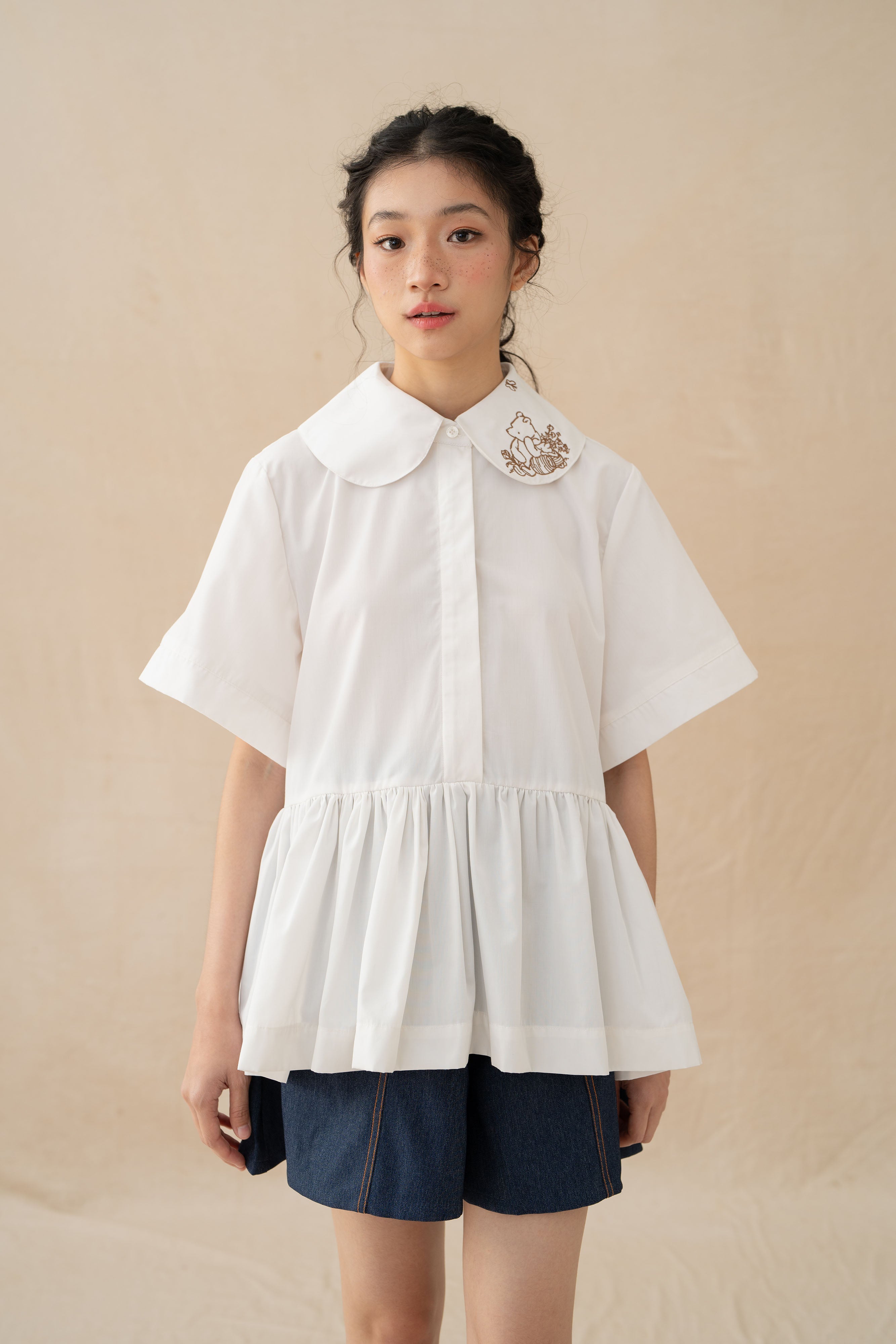 WTP Embroidery Collar Top in Buttermilk