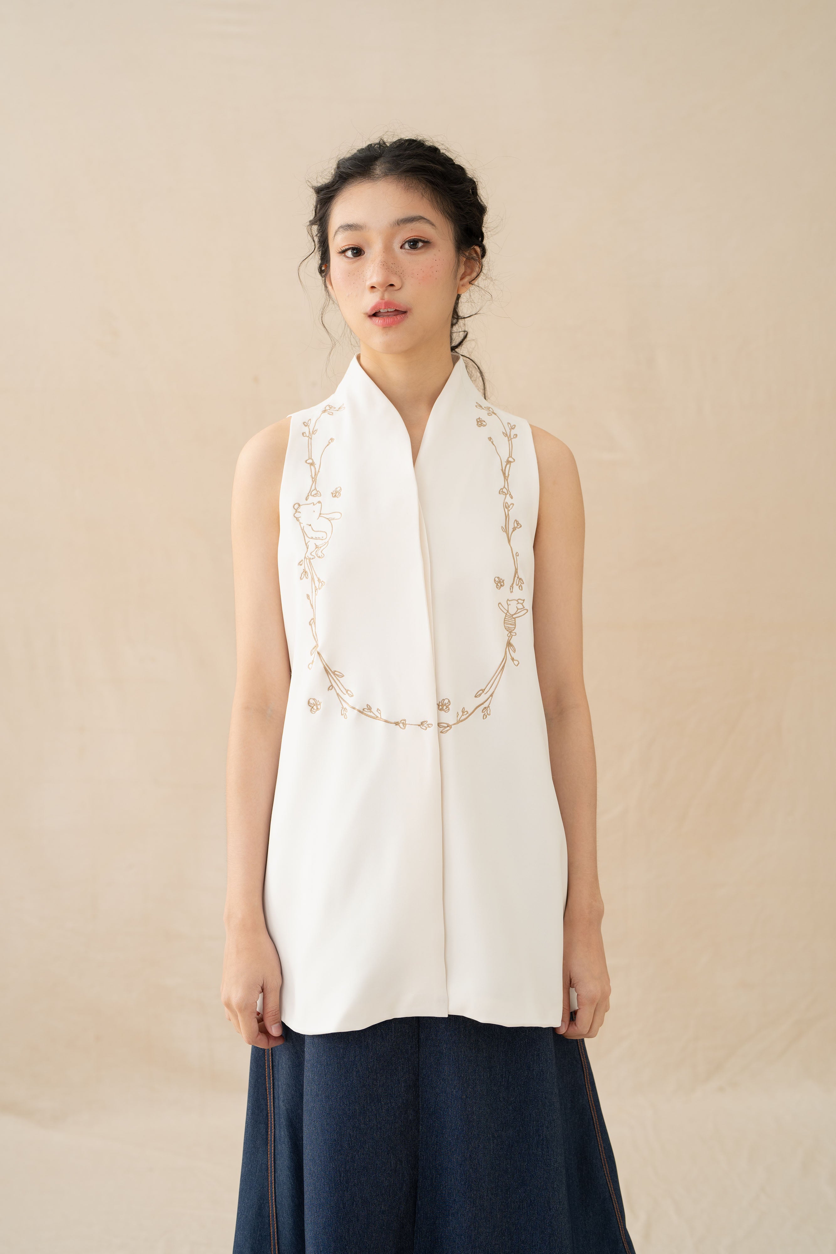 WTP Embroidery High Neck Top in Buttermilk