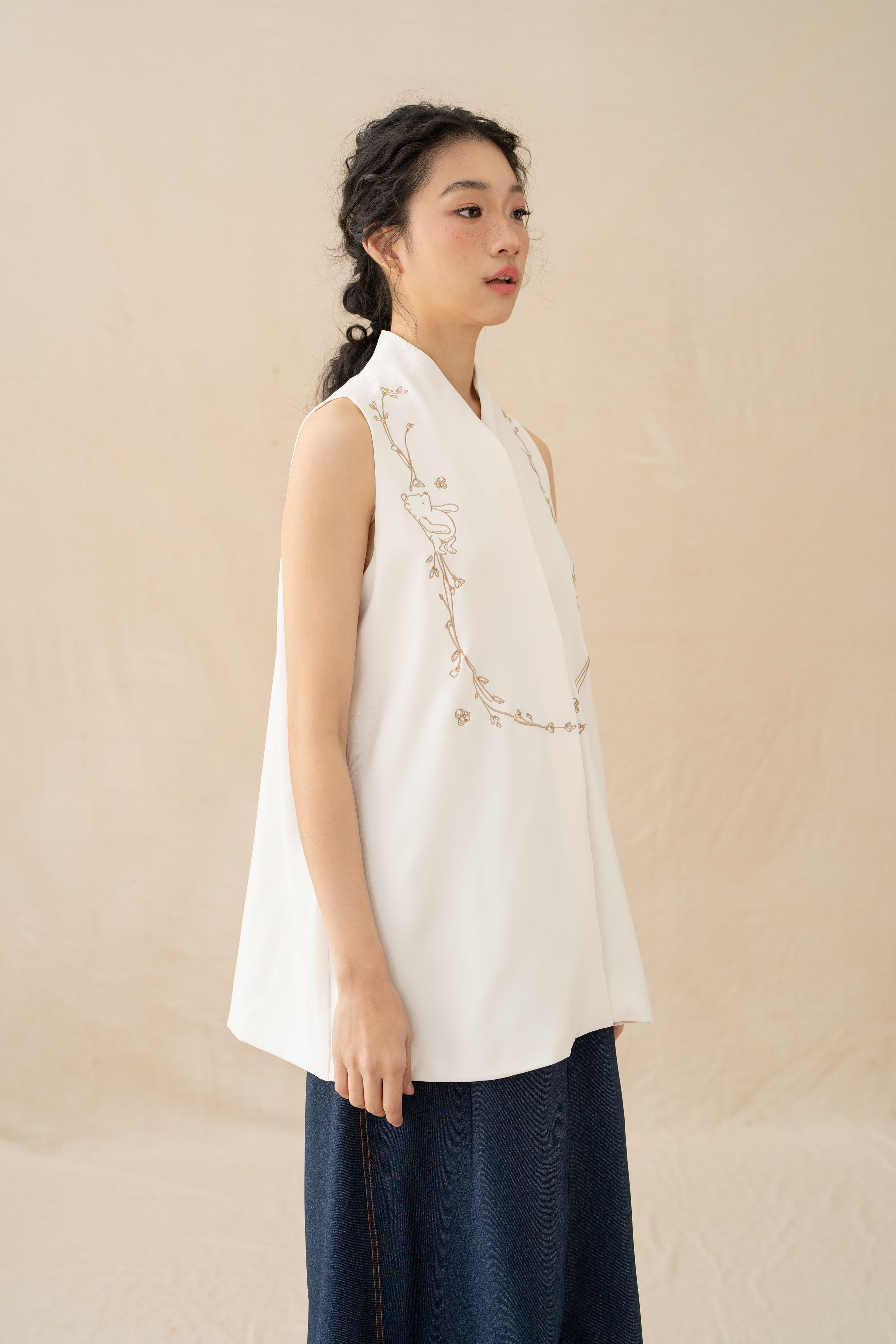 WTP Embroidery High Neck Top in Buttermilk