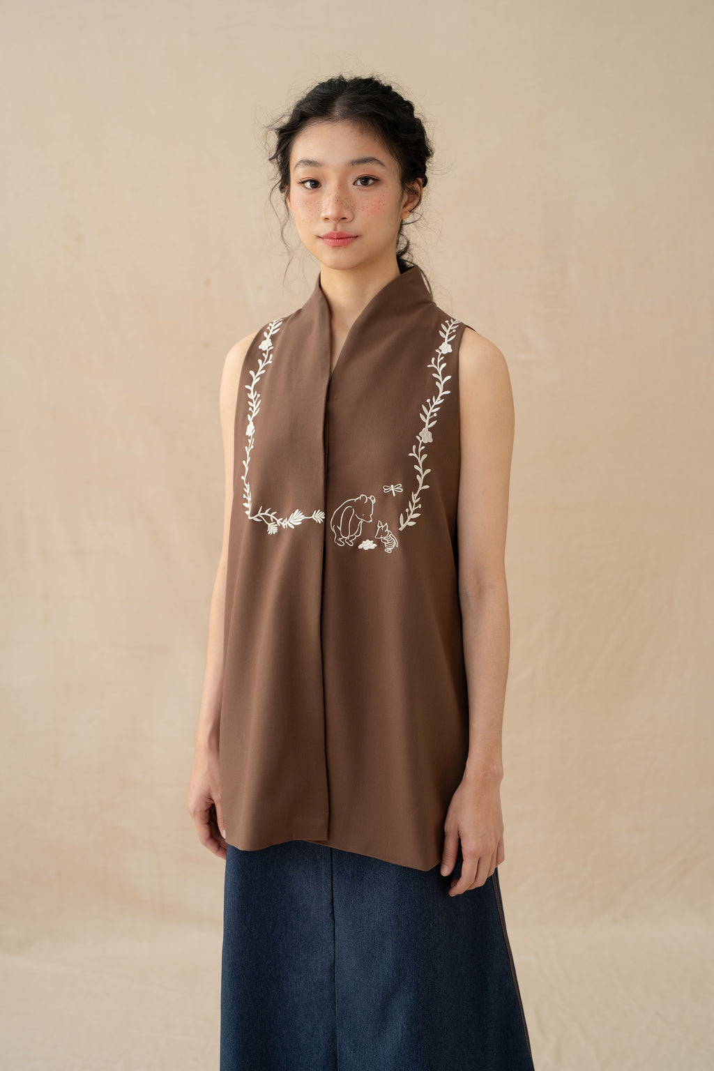 WTP Embroidery High Neck Top in Dark Brown