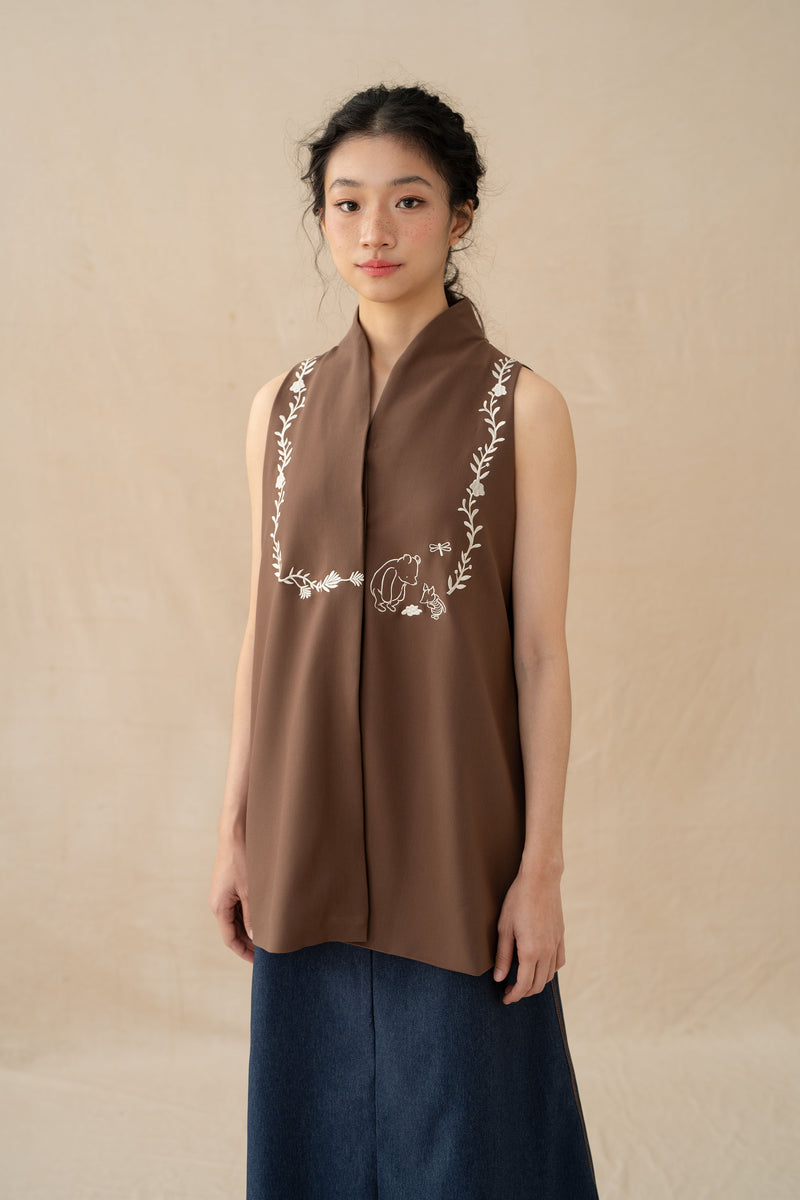 WTP Embroidery High Neck Top in Dark Brown (Ready Shipment 18-28 February 2025)