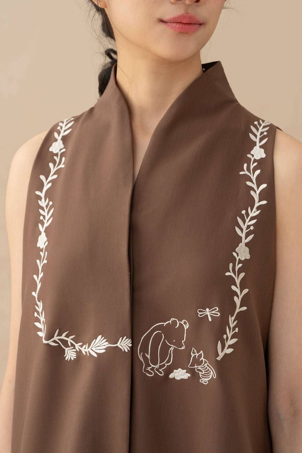 WTP Embroidery High Neck Top in Dark Brown