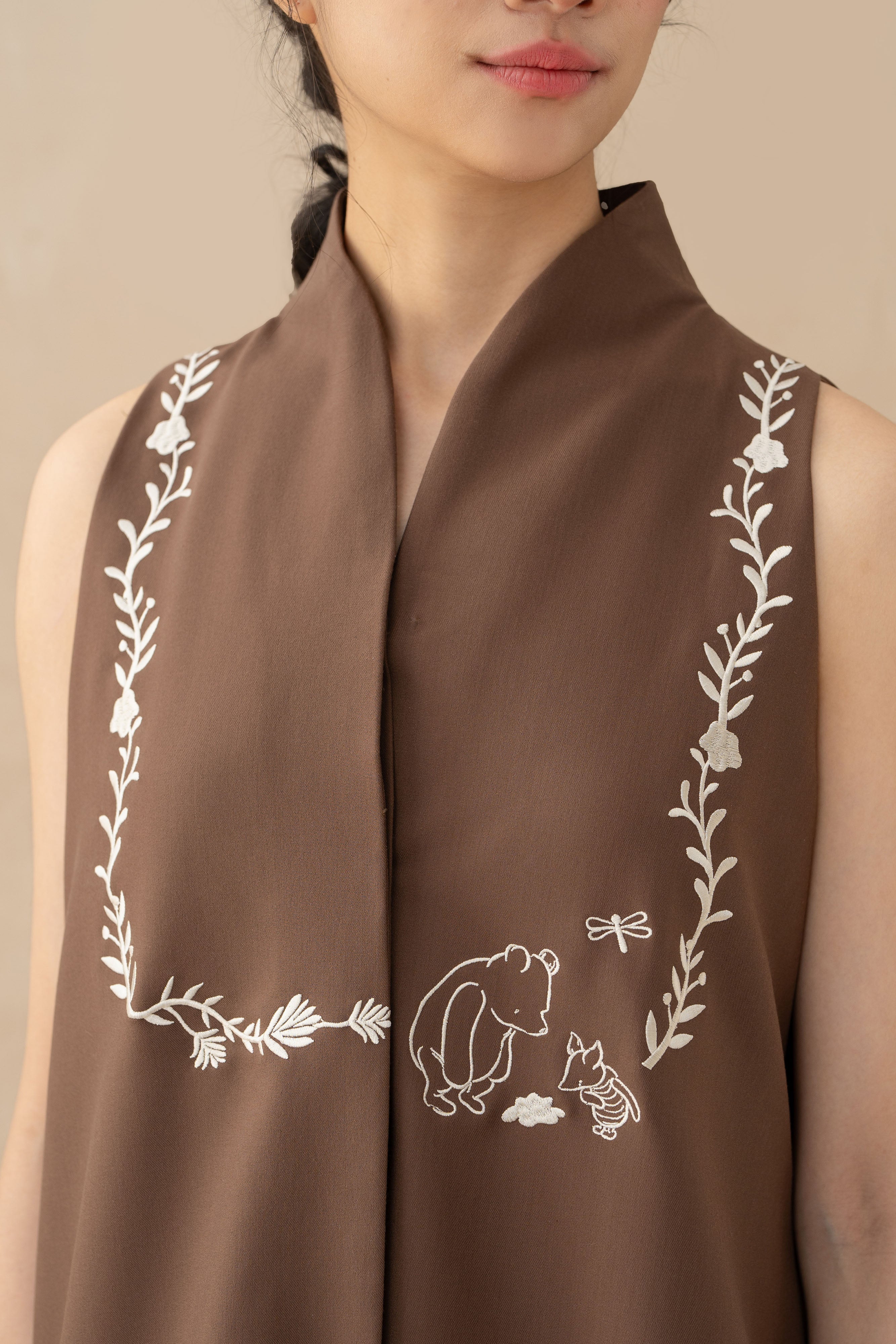 WTP Embroidery High Neck Top in Dark Brown