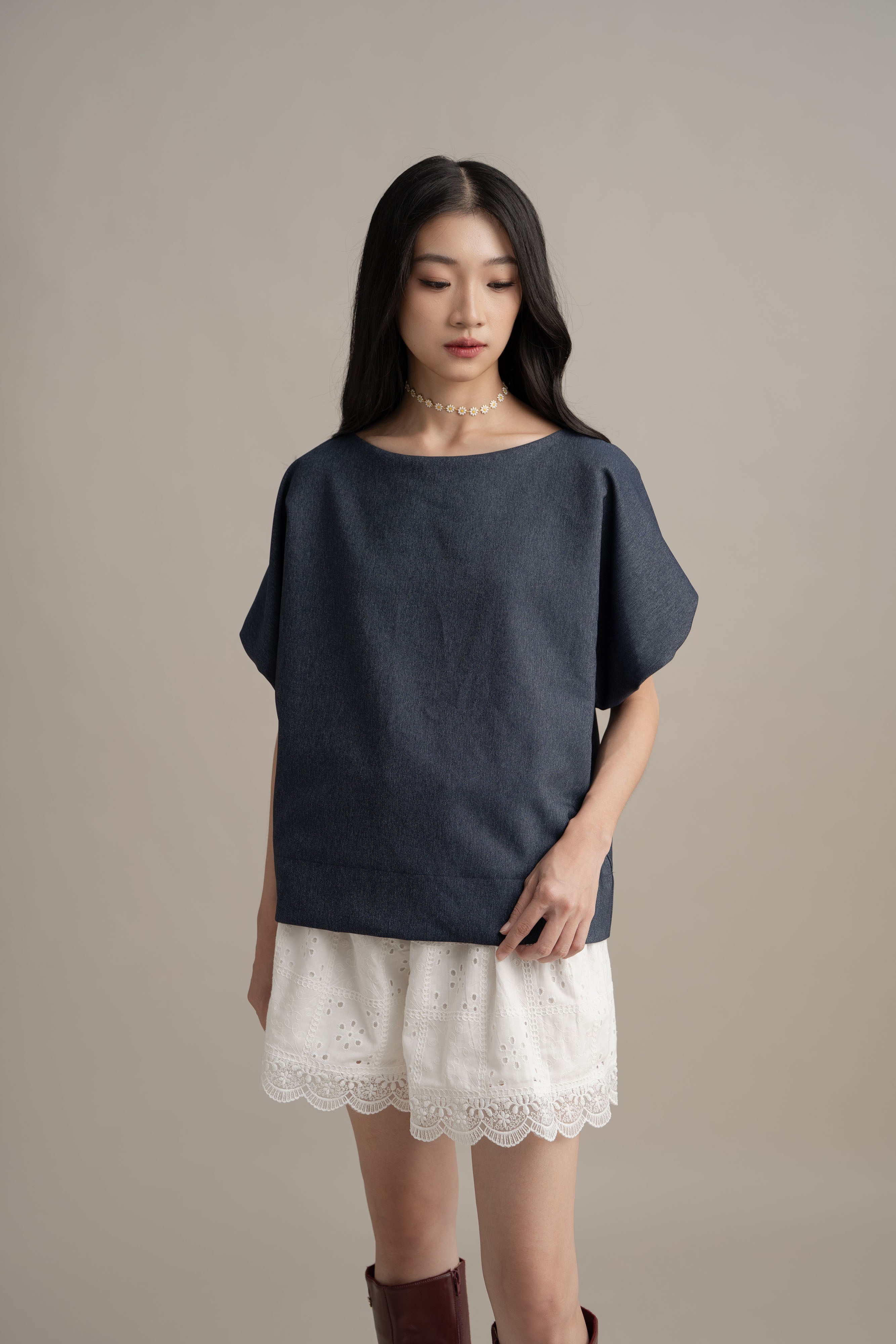 Cinderella Puff Denim Top In Denim