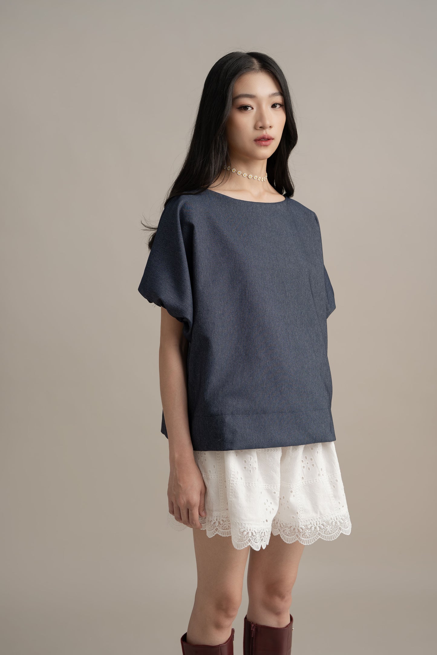 Cinderella Puff Denim Top In Denim