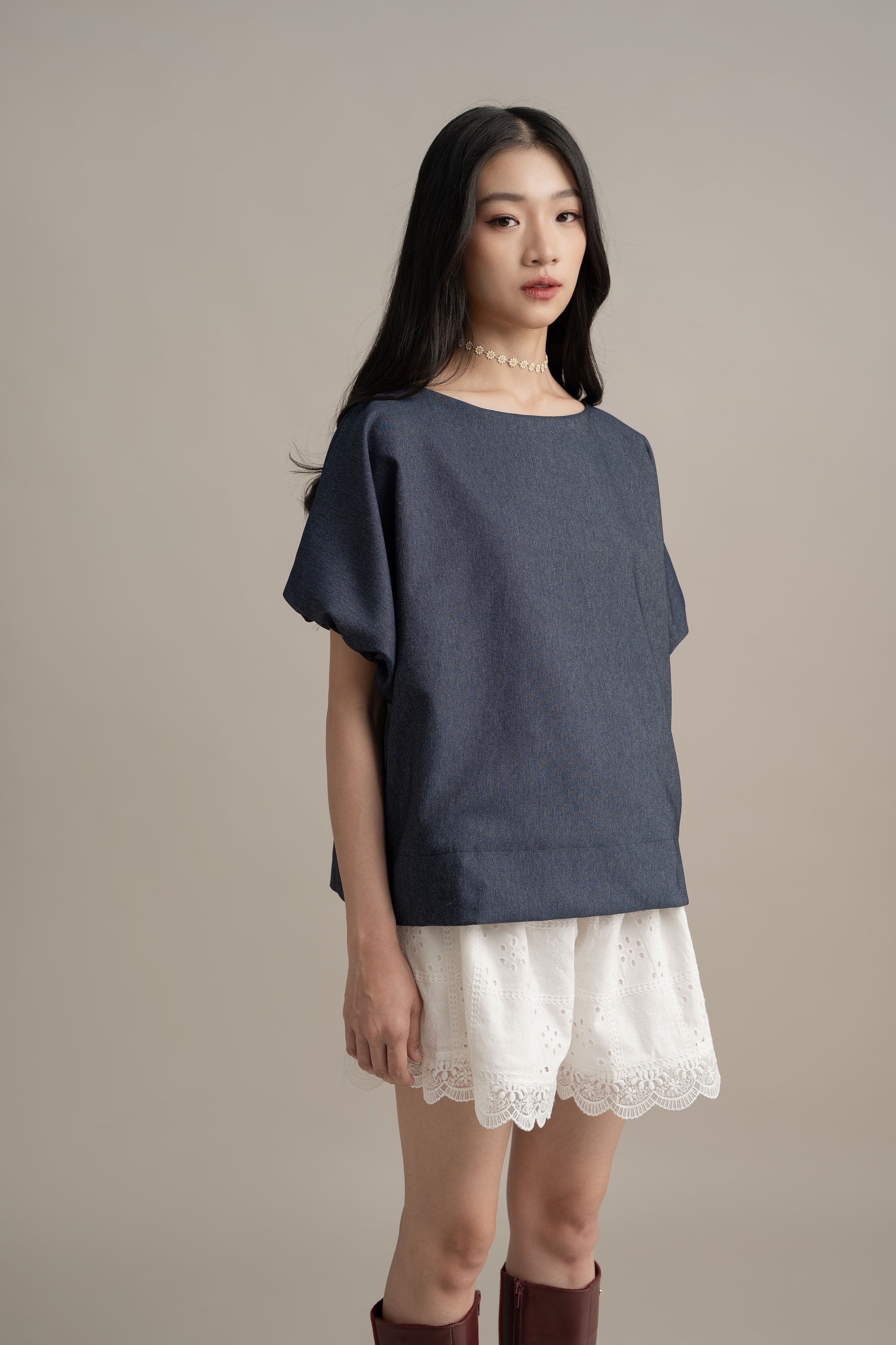 Cinderella Puff Denim Top In Denim