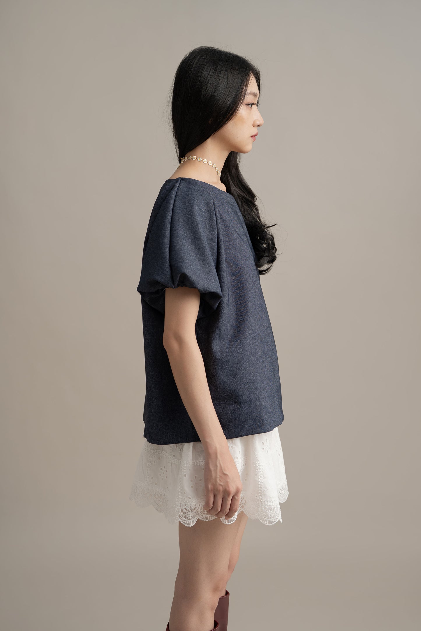 Cinderella Puff Denim Top In Denim