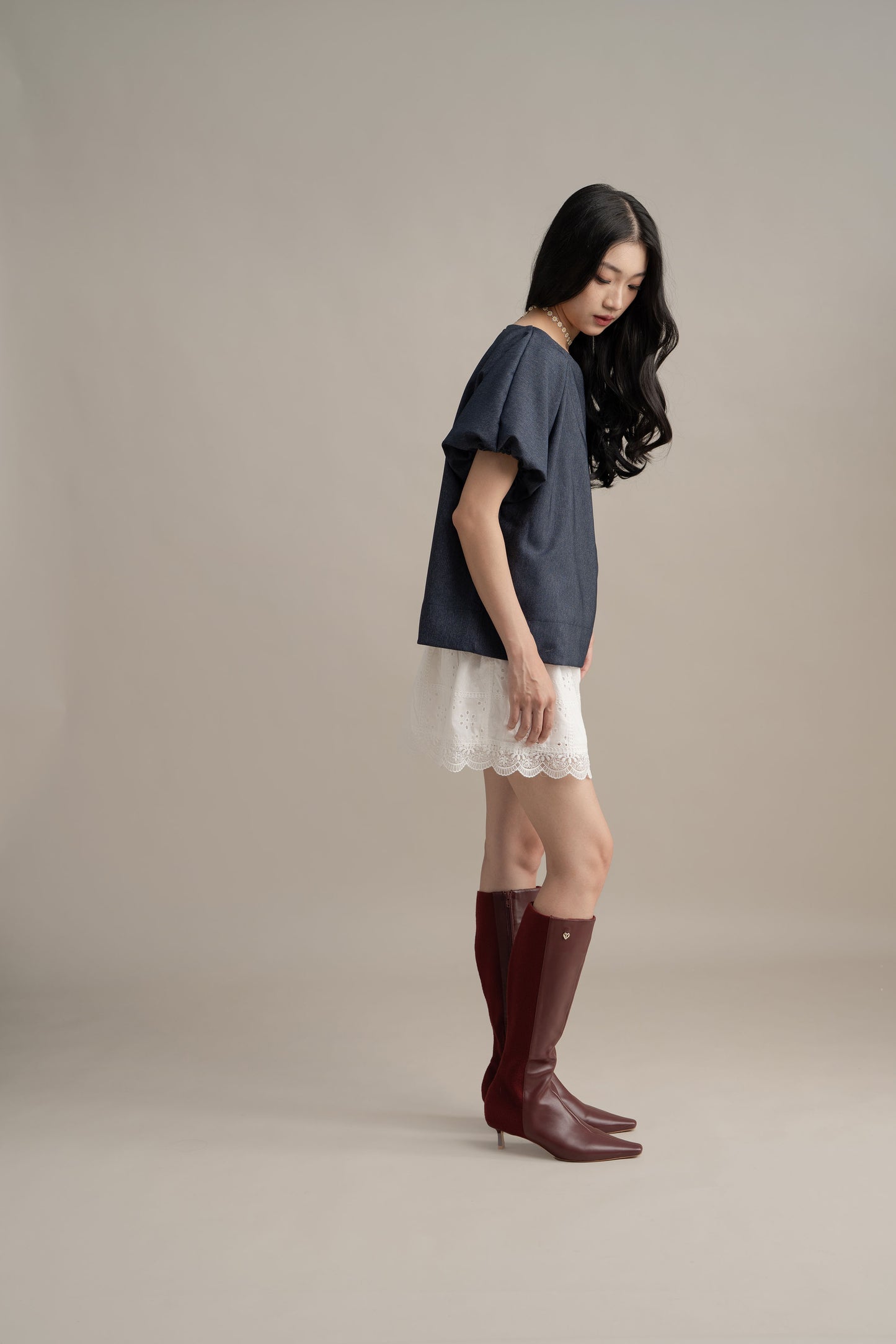 Cinderella Puff Denim Top In Denim