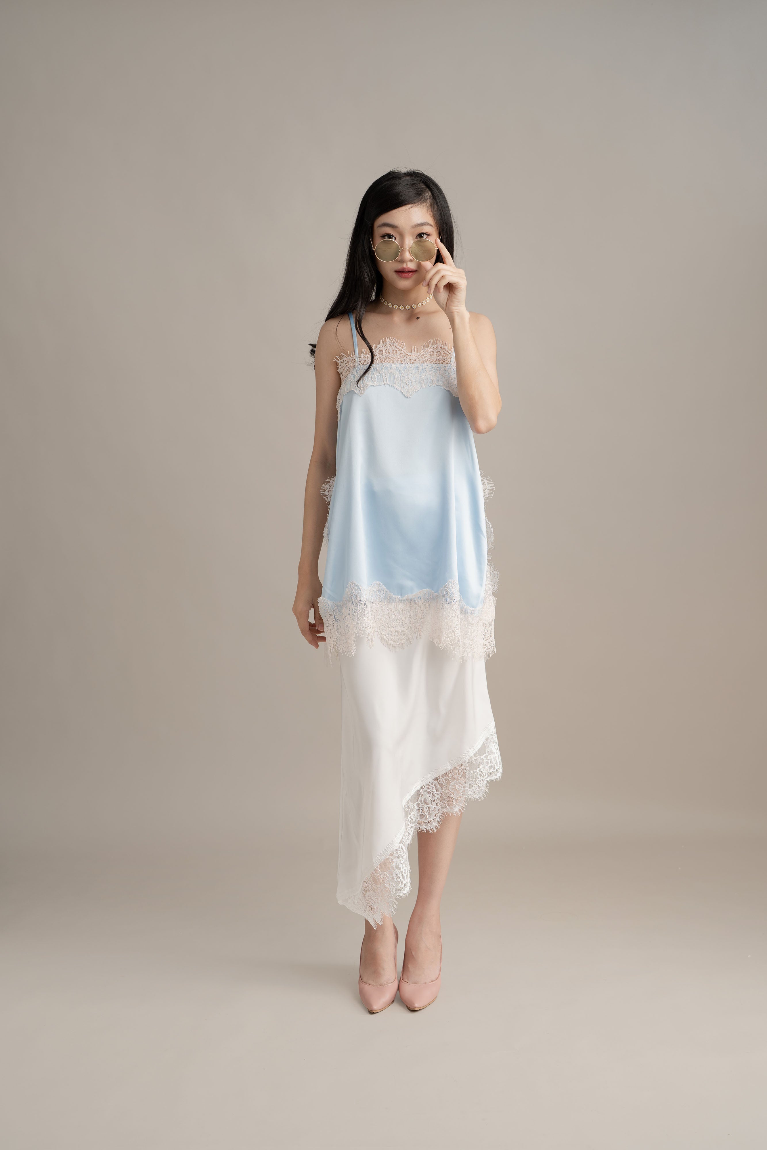 Cinderella Lacey Satin Tank In Soft Blue