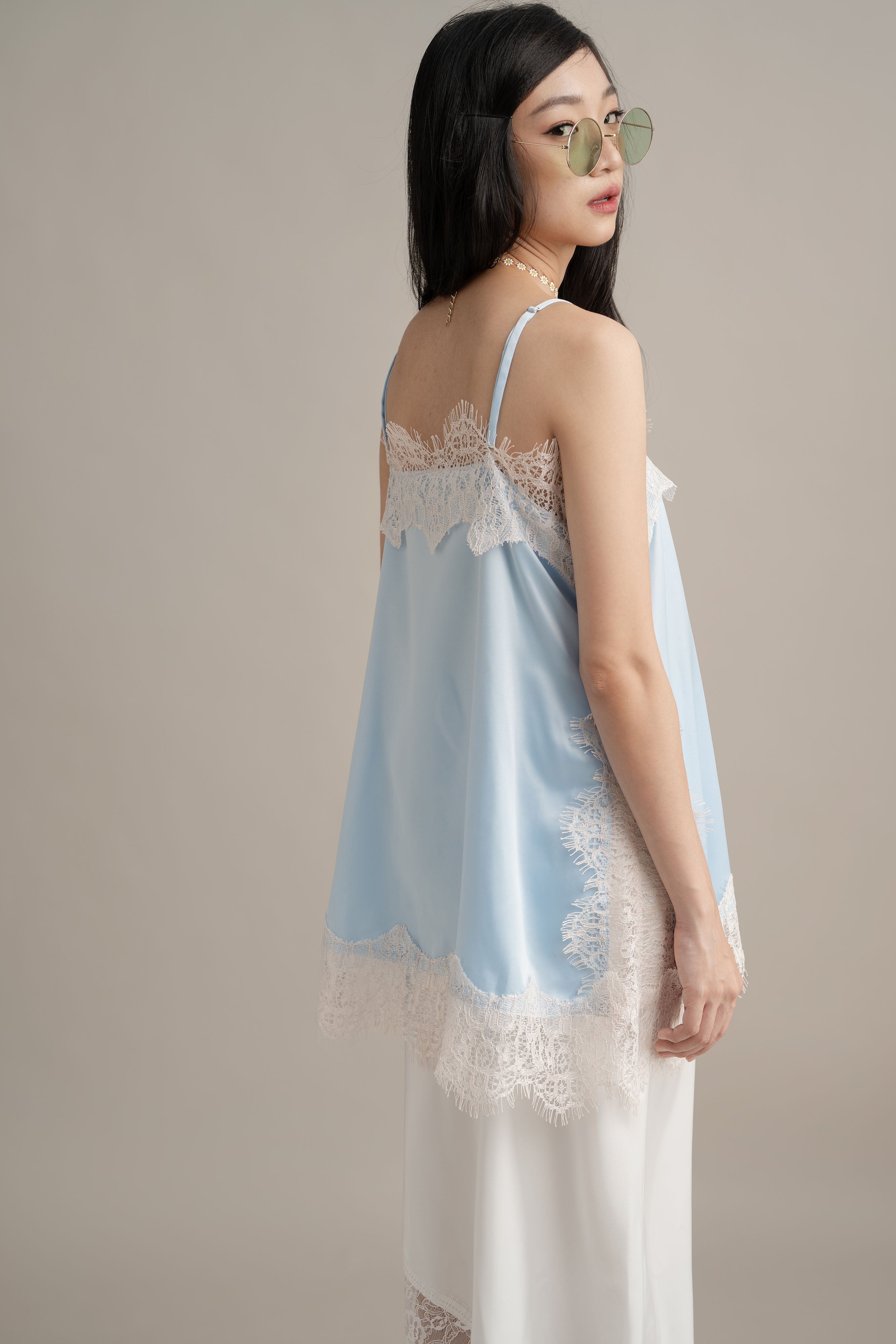 Cinderella Lacey Satin Tank In Soft Blue