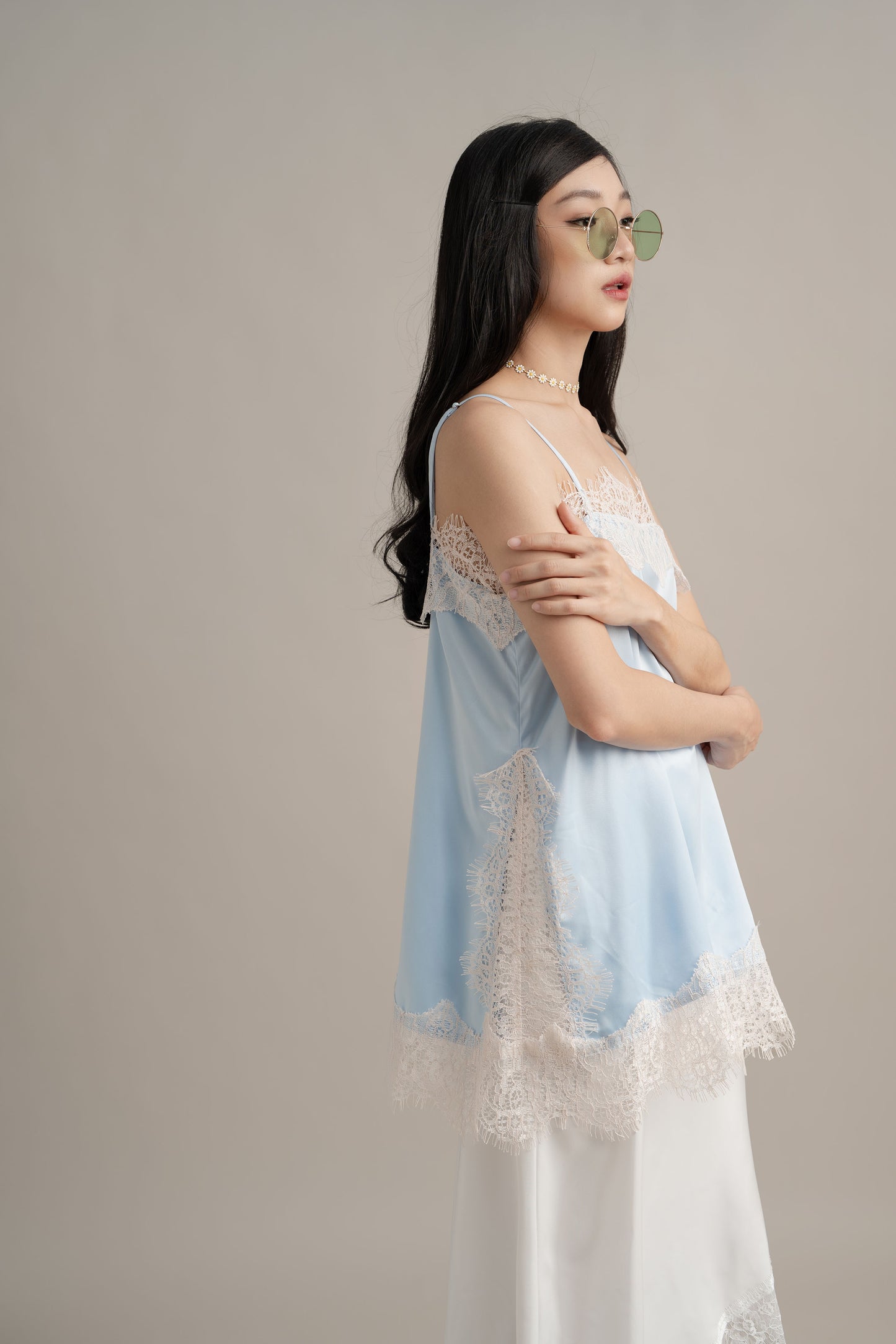Cinderella Lacey Satin Tank In Soft Blue