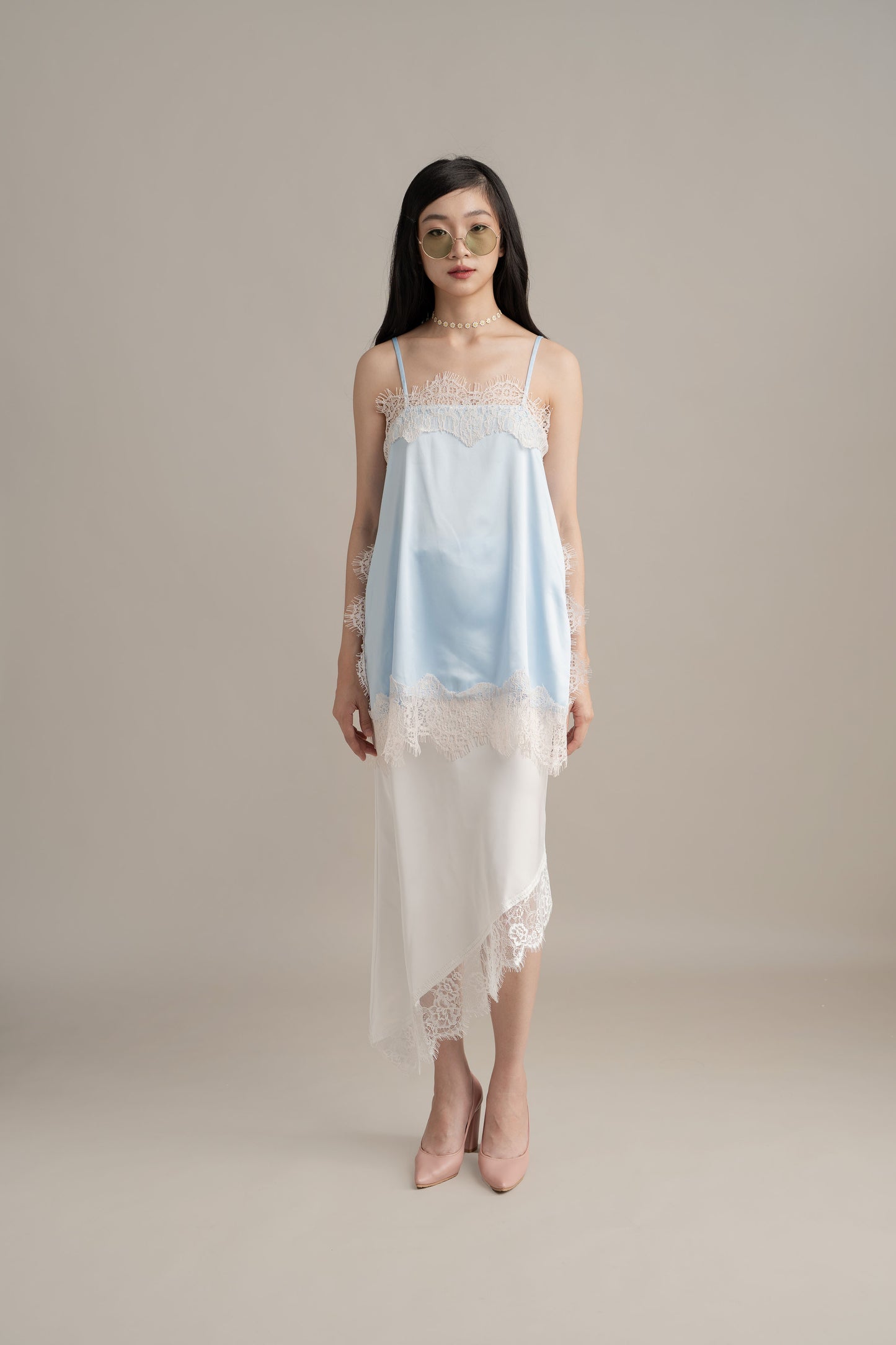 Cinderella Lacey Satin Tank In Soft Blue