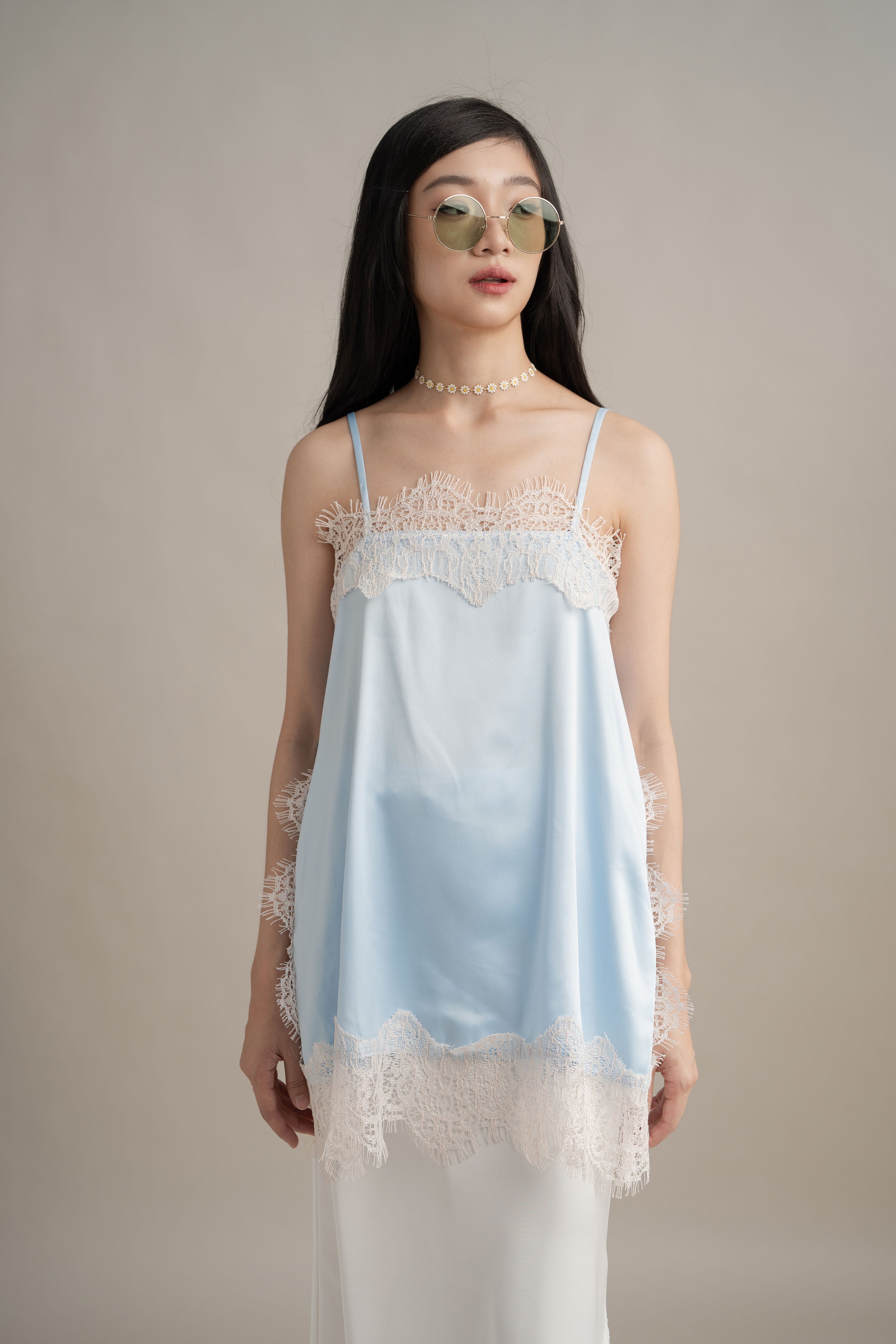 Cinderella Lacey Satin Tank In Soft Blue