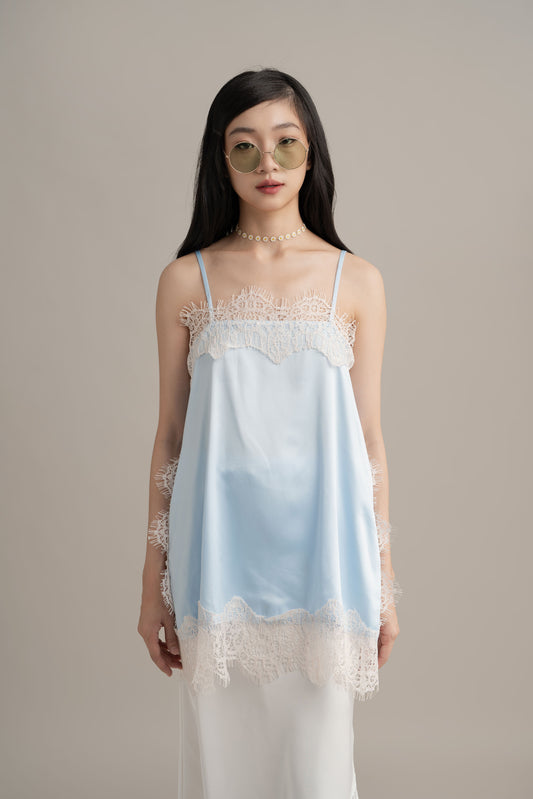 Cinderella Lacey Satin Tank In Soft Blue