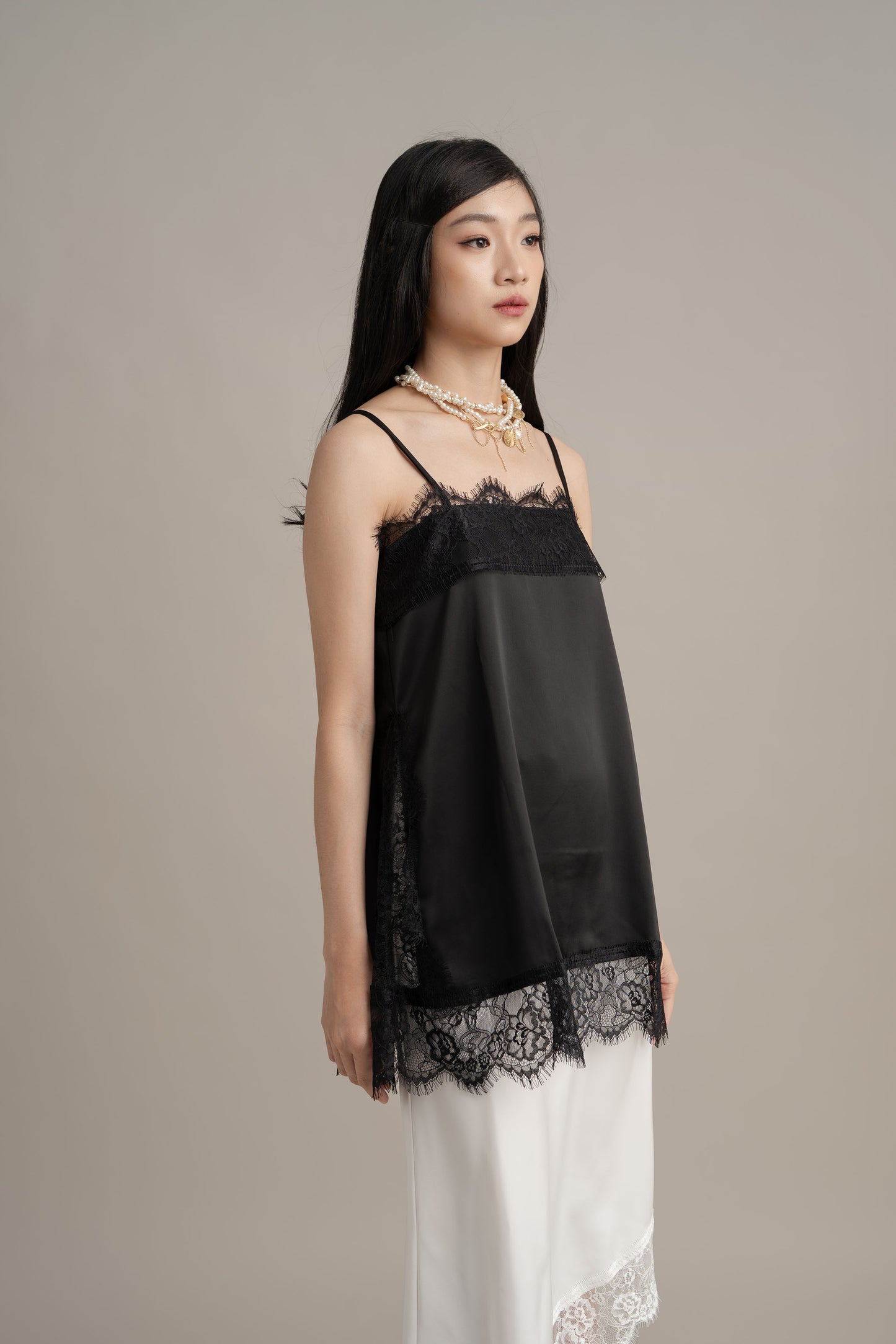 Cinderella Lacey Satin Tank In Licorice