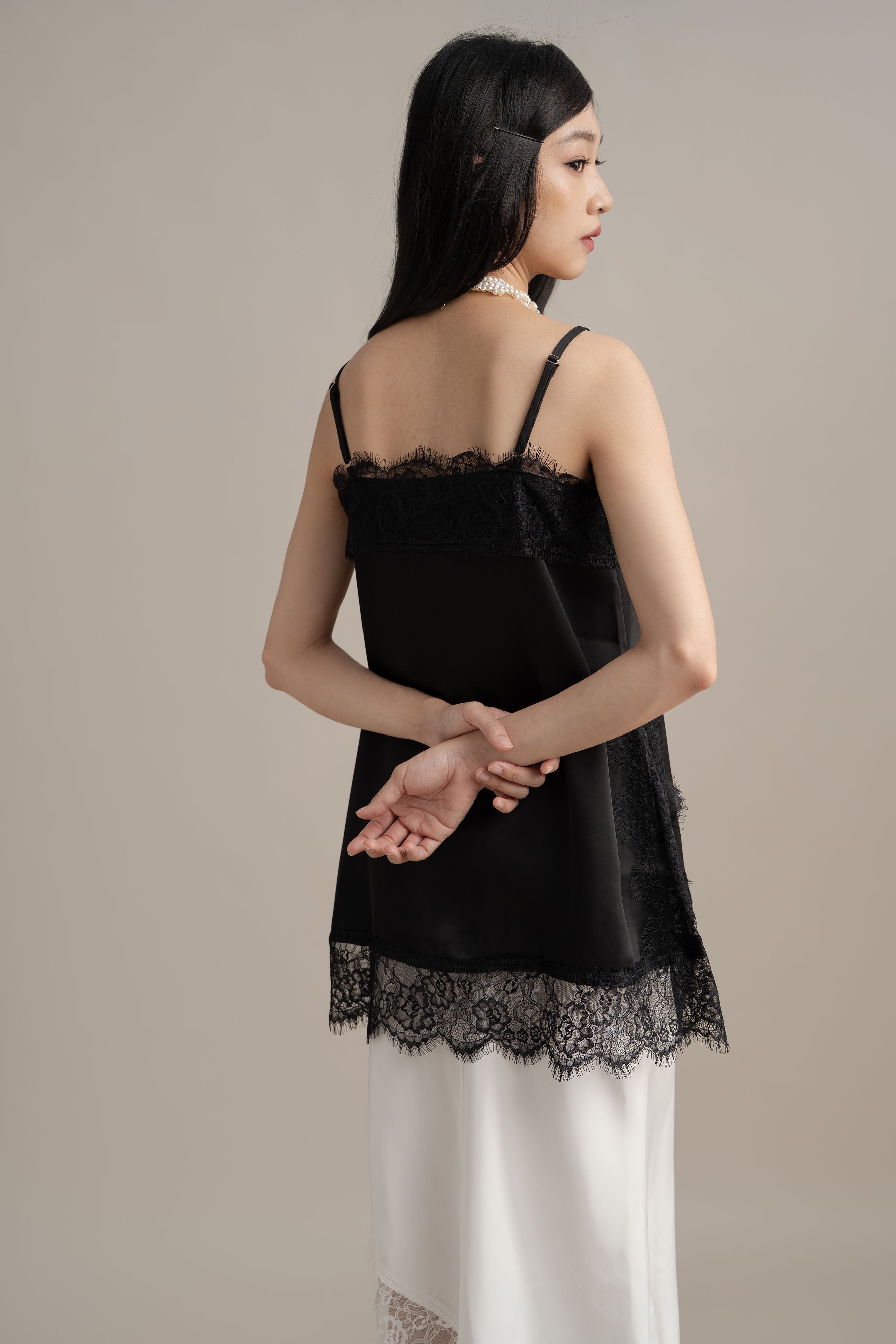 Cinderella Lacey Satin Tank In Licorice