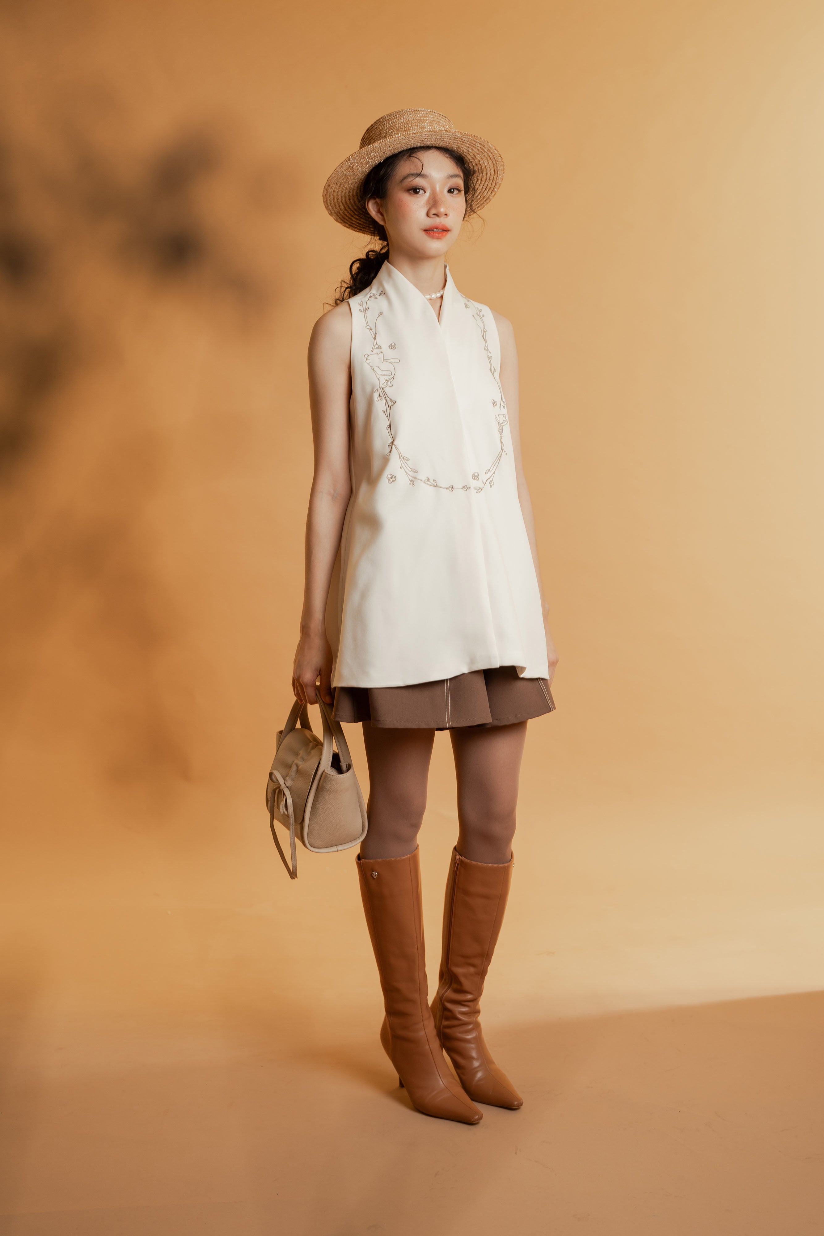 WTP Embroidery High Neck Top in Buttermilk