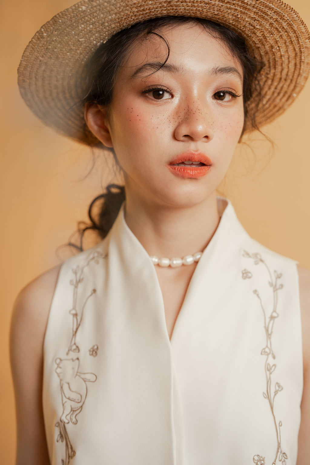 WTP Embroidery High Neck Top in Buttermilk
