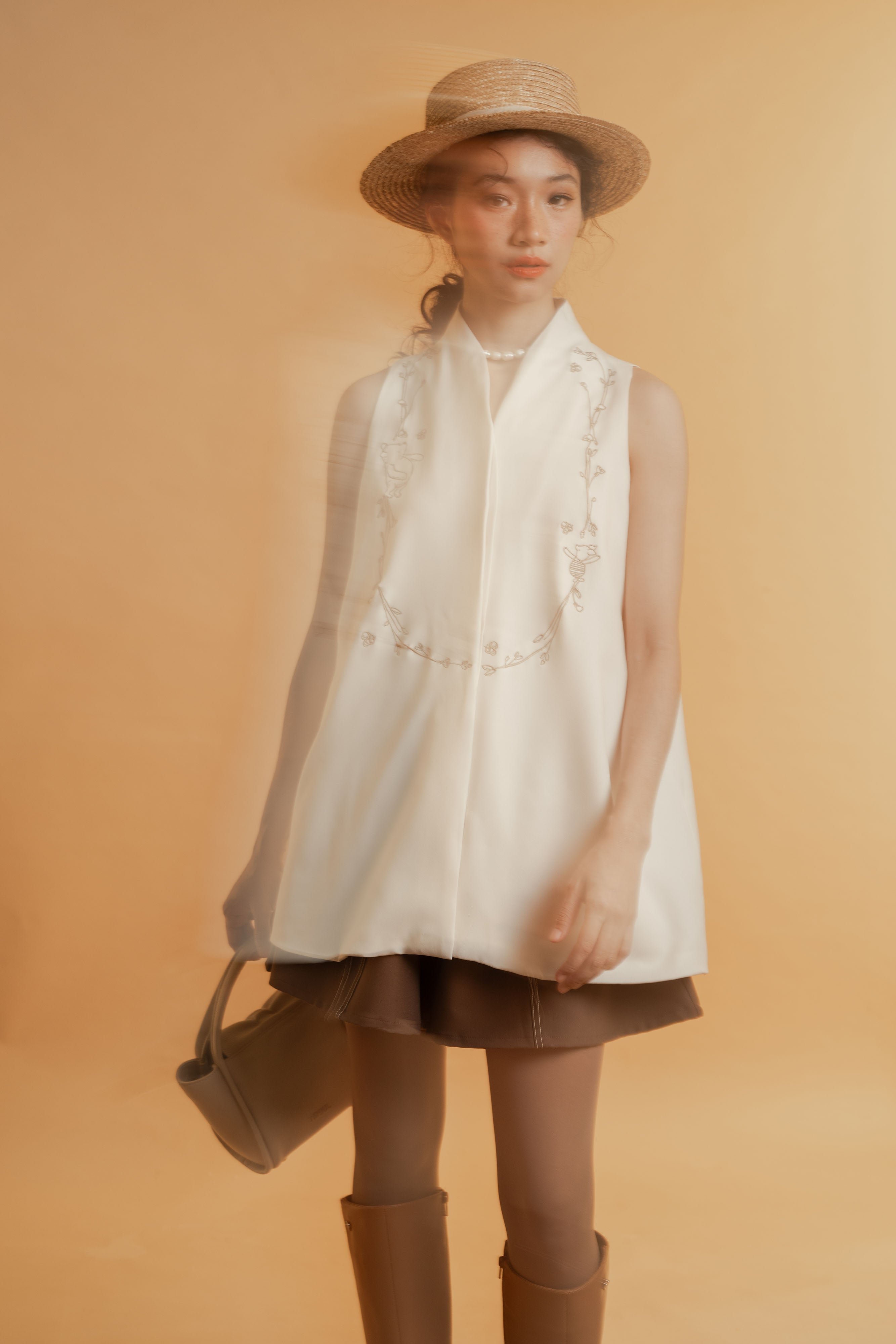 WTP Embroidery High Neck Top in Buttermilk