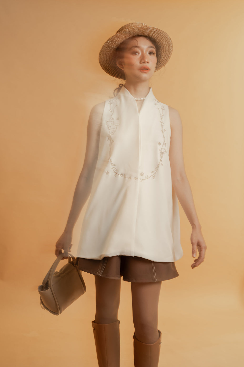 WTP Embroidery High Neck Top in Buttermilk