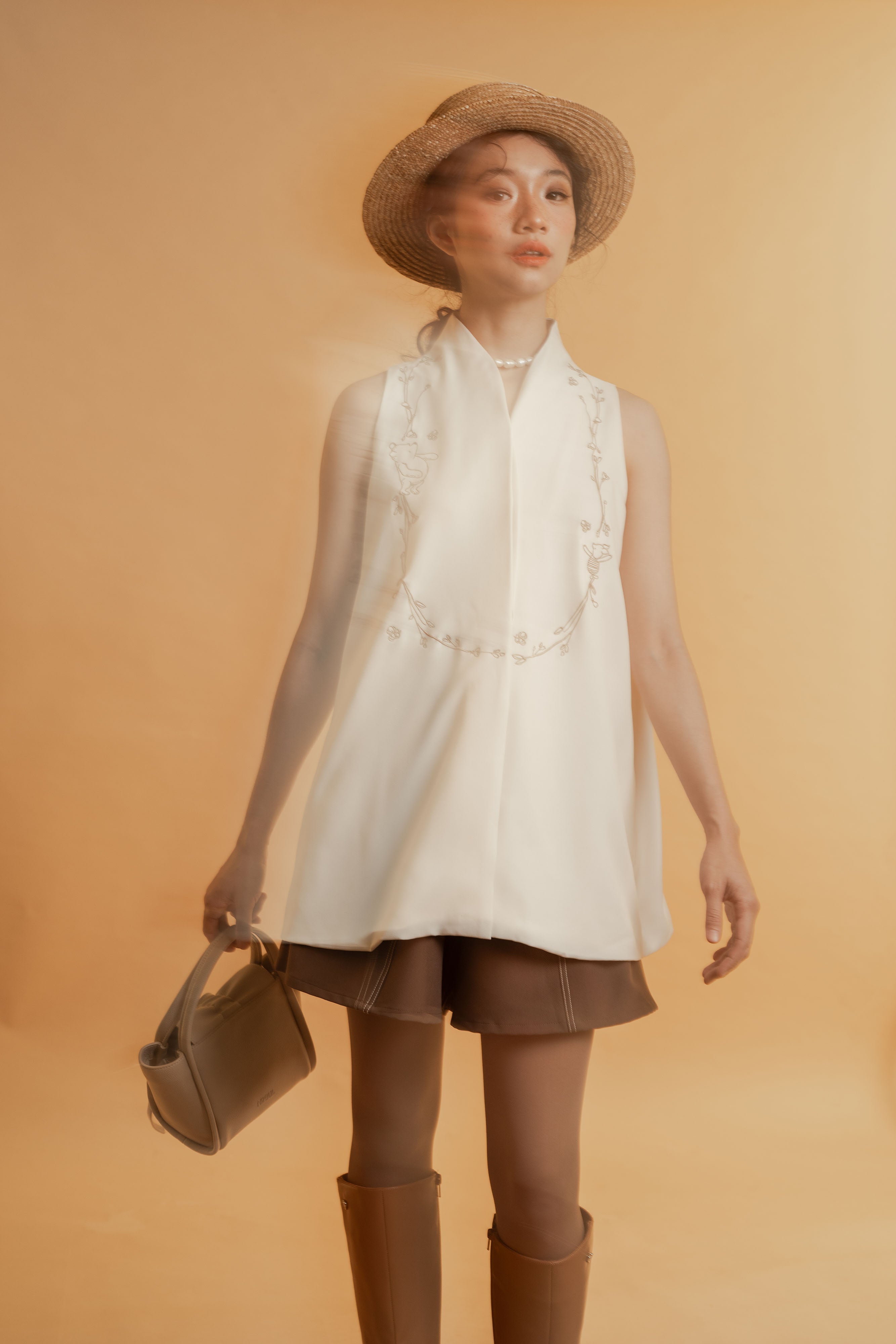 WTP Embroidery High Neck Top in Buttermilk