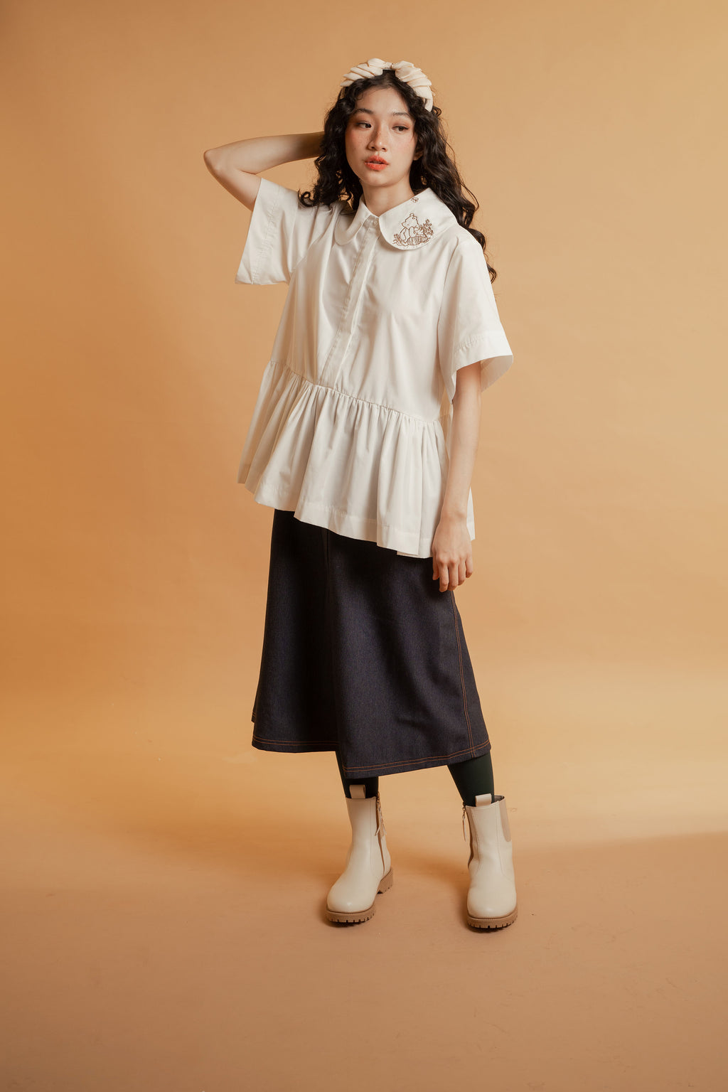 WTP Embroidery Collar Top in Buttermilk