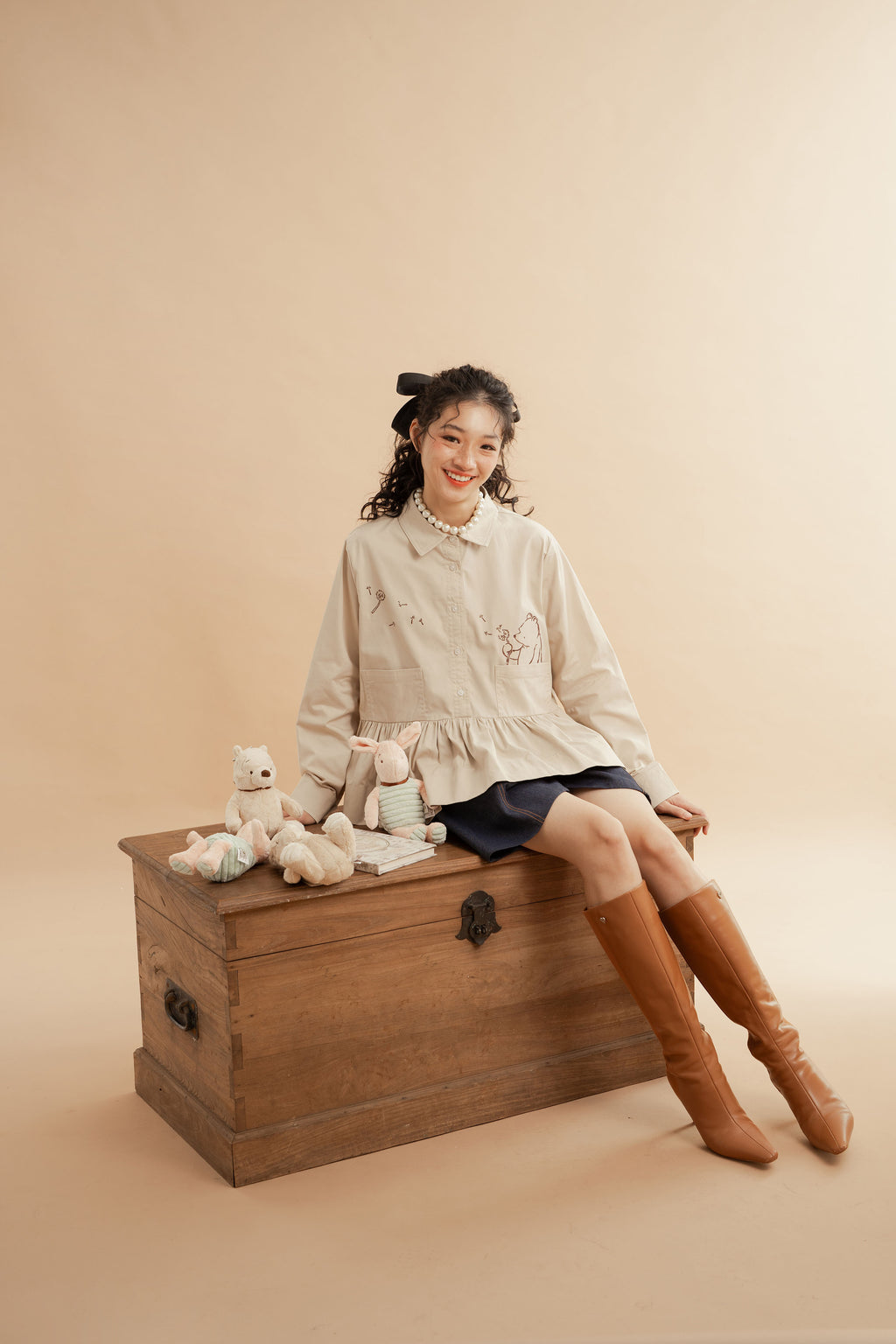 WTP Embroidery Long Sleeve Top in Beige