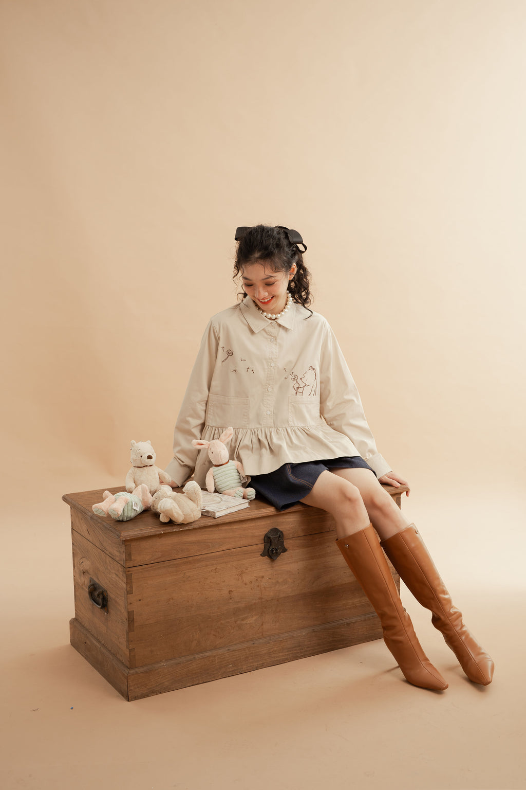 WTP Embroidery Long Sleeve Top in Beige
